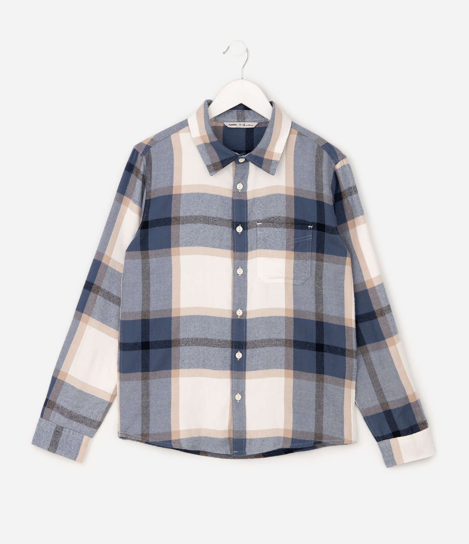 Camisa Infantil em Flanela com Estampa Xadrez e Bolso – Tam 5 a 14 Anos Azul /Bege 1