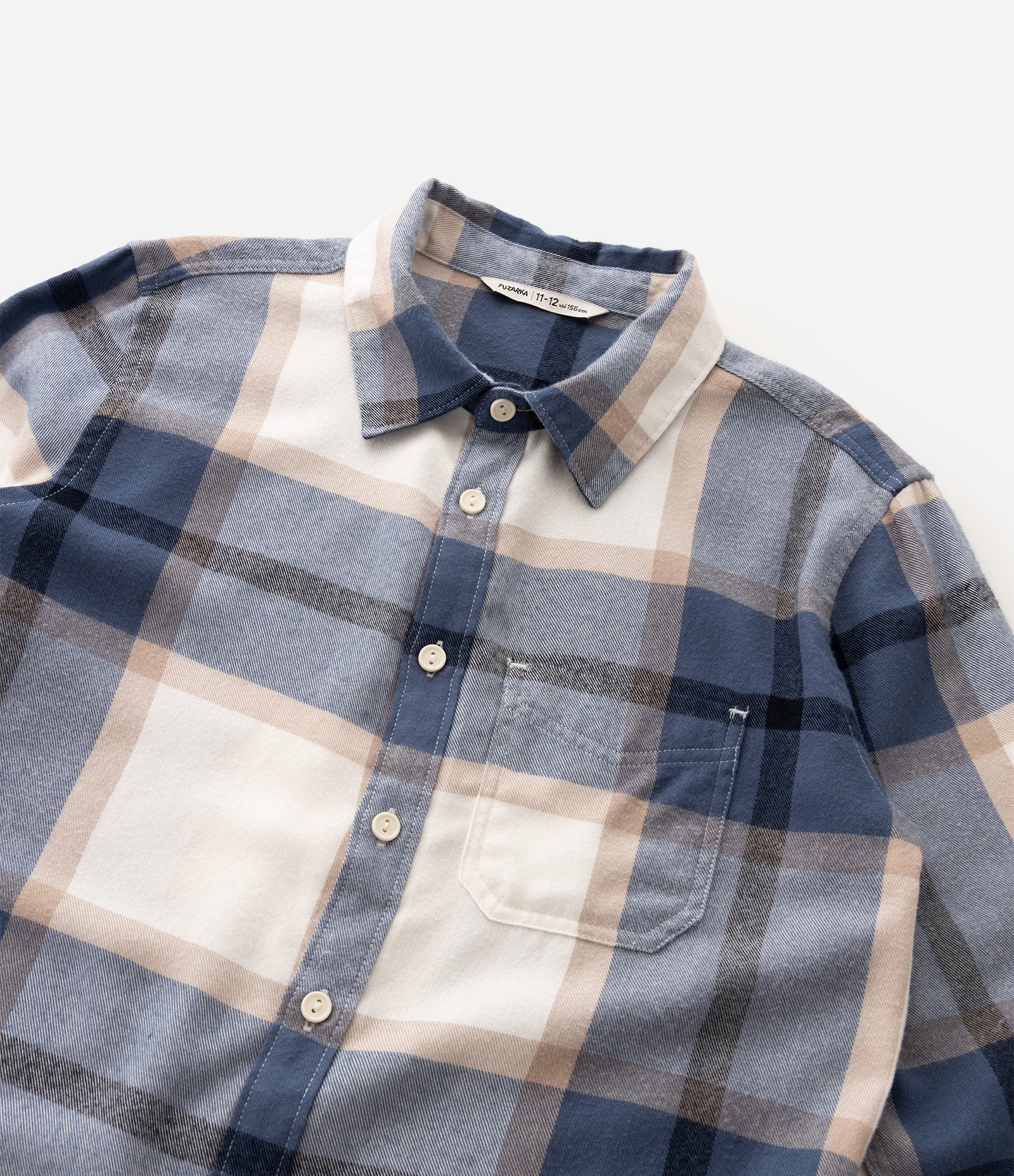 Camisa Infantil em Flanela com Estampa Xadrez e Bolso – Tam 5 a 14 Anos Azul /Bege 4