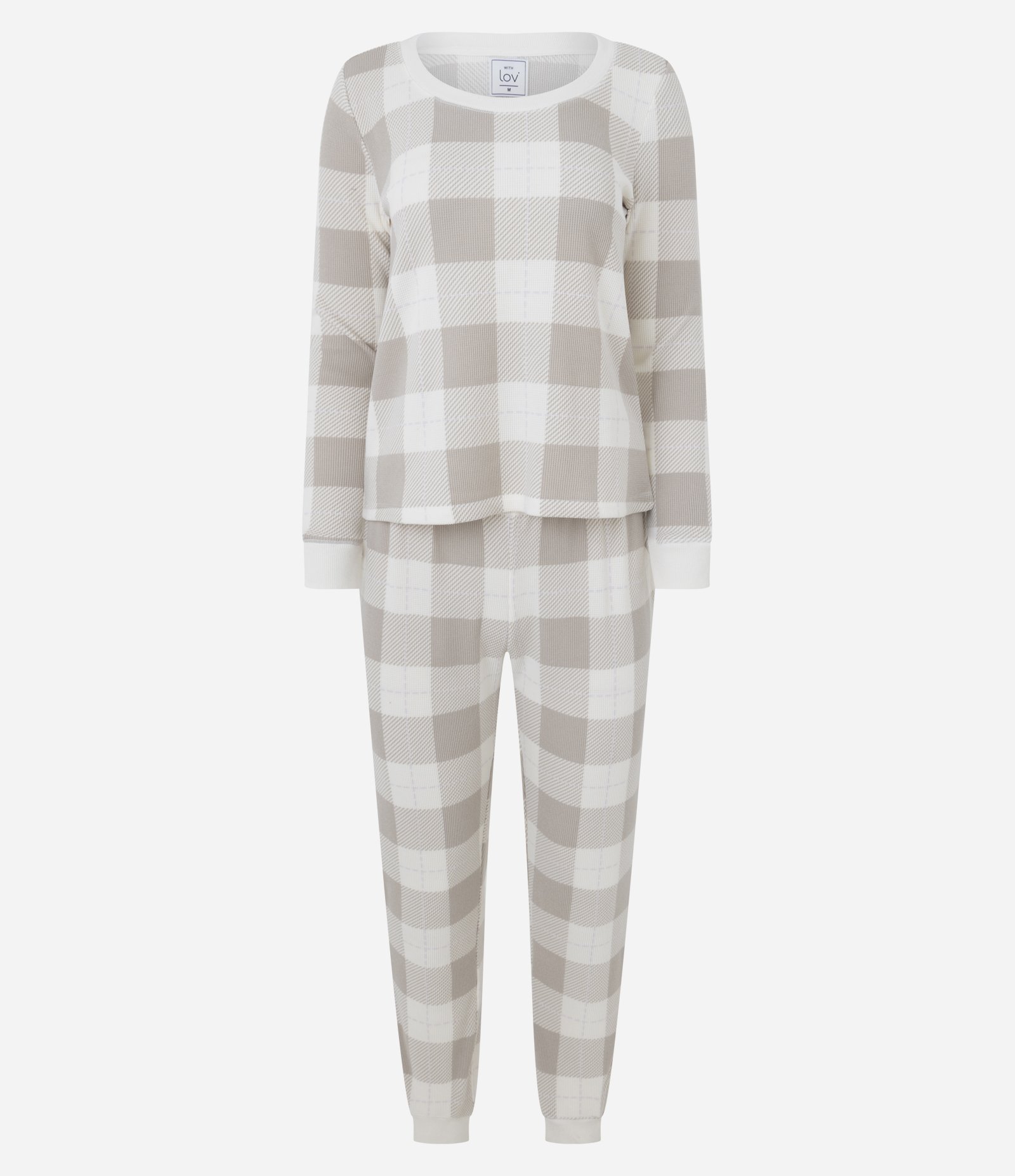 Pijama Longo Xadrez em Tricô Leve Branco 4
