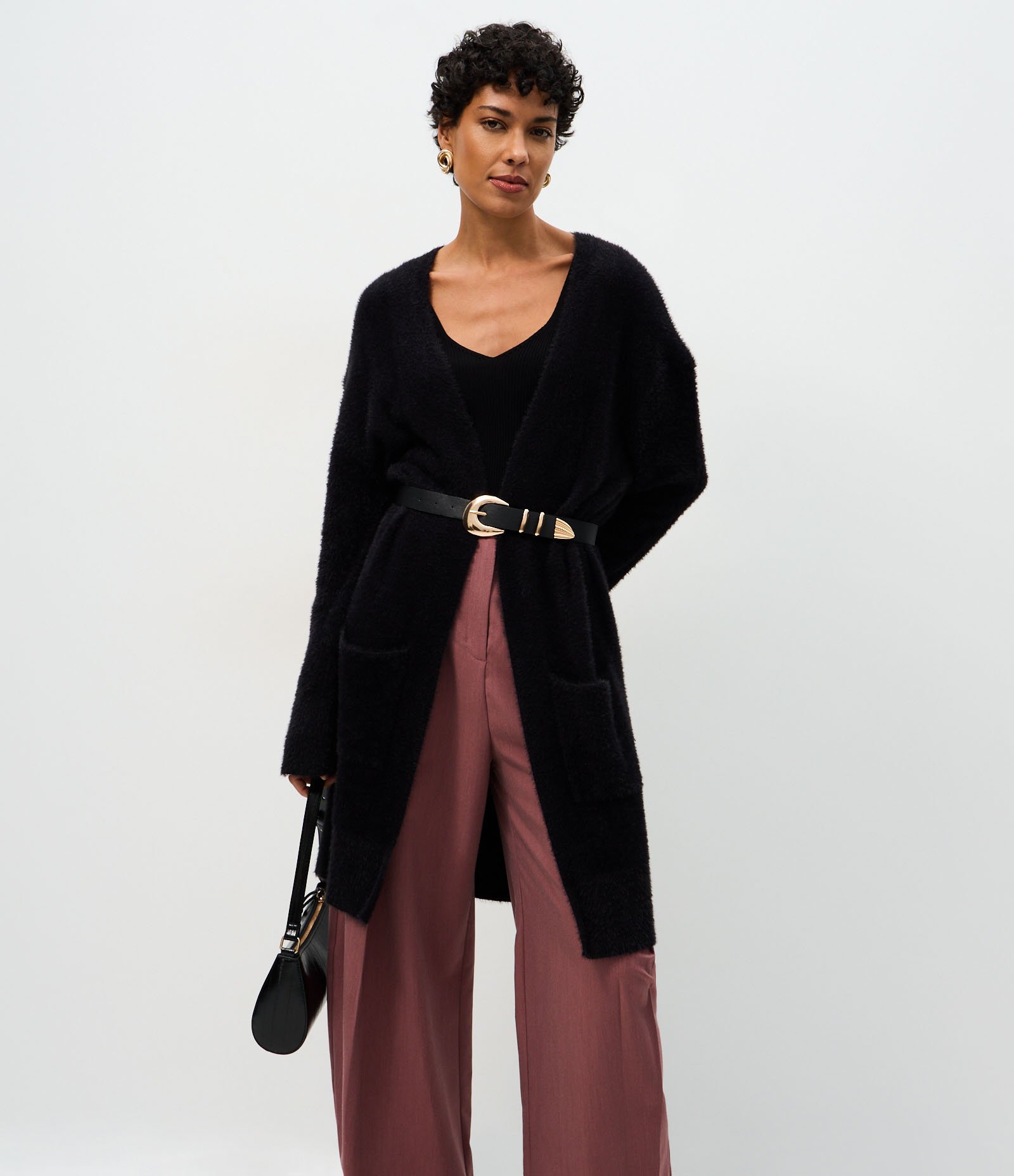 Cardigan Longo em Tricô Com Textura de Pelos Preto 1