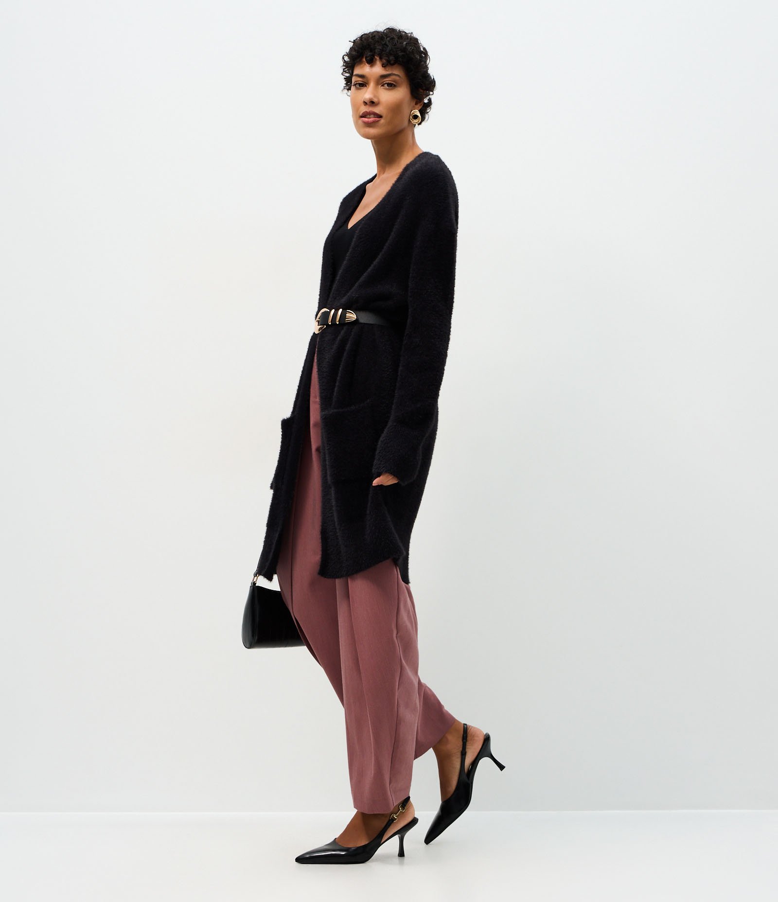 Cardigan Longo em Tricô Com Textura de Pelos Preto 2