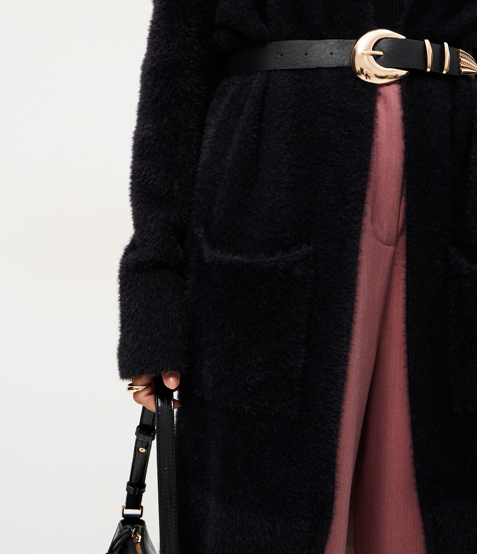 Cardigan Longo em Tricô Com Textura de Pelos Preto 4