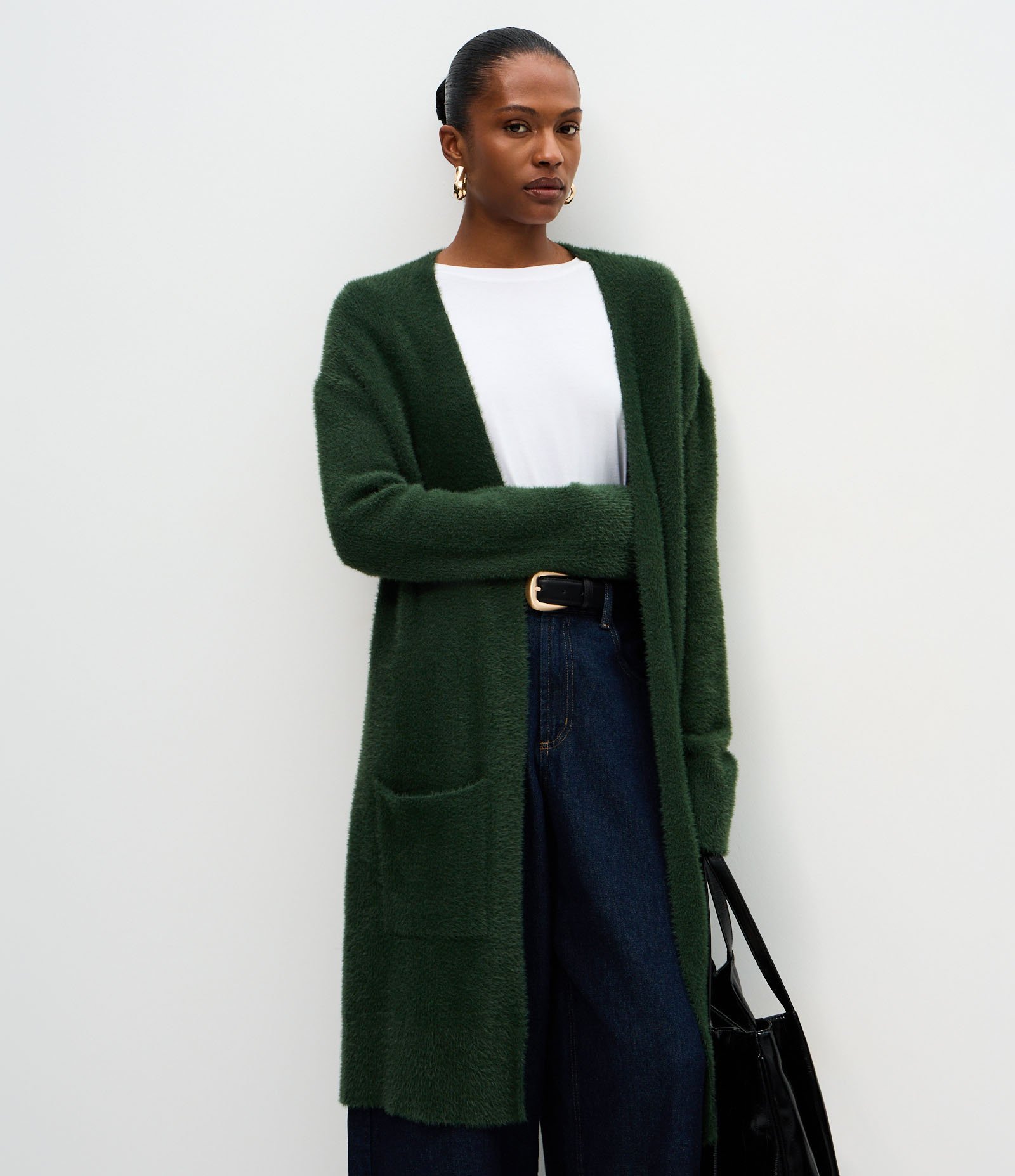 Cardigan Longo em Tricô Com Textura de Pelos Verde 1