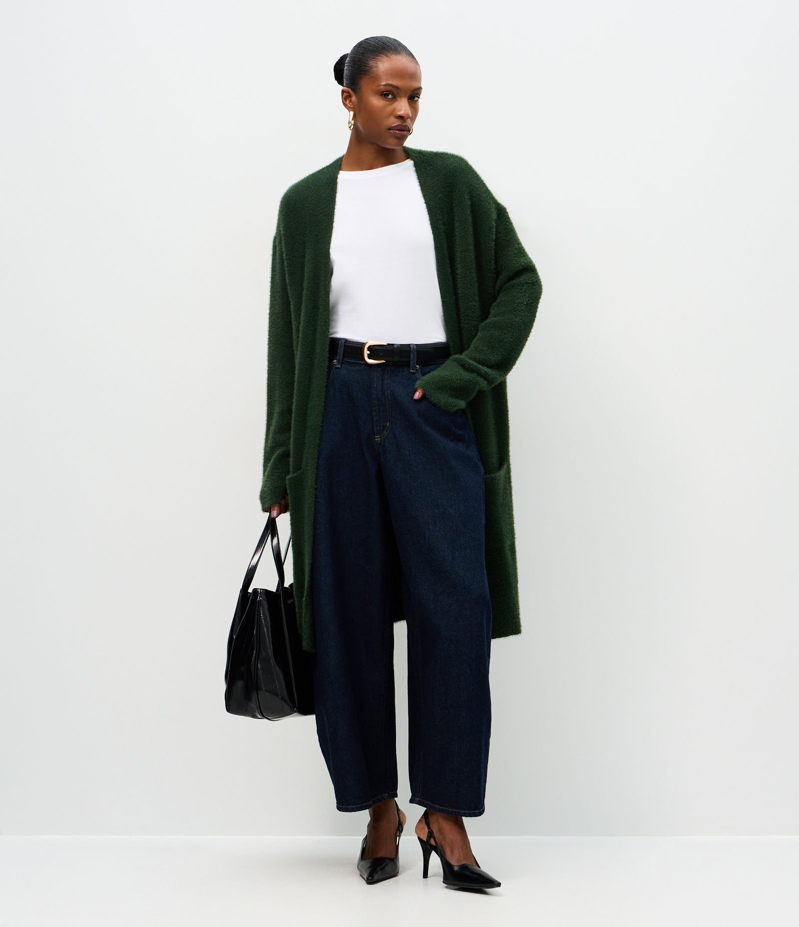 Cardigan Longo em Tricô Com Textura de Pelos Verde 2