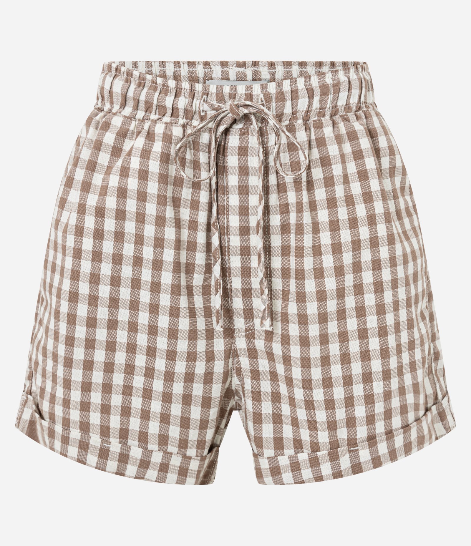 Short em Sarja com Barra Dobrada e Estampa Xadrez Vichy Marrom/Branco 5