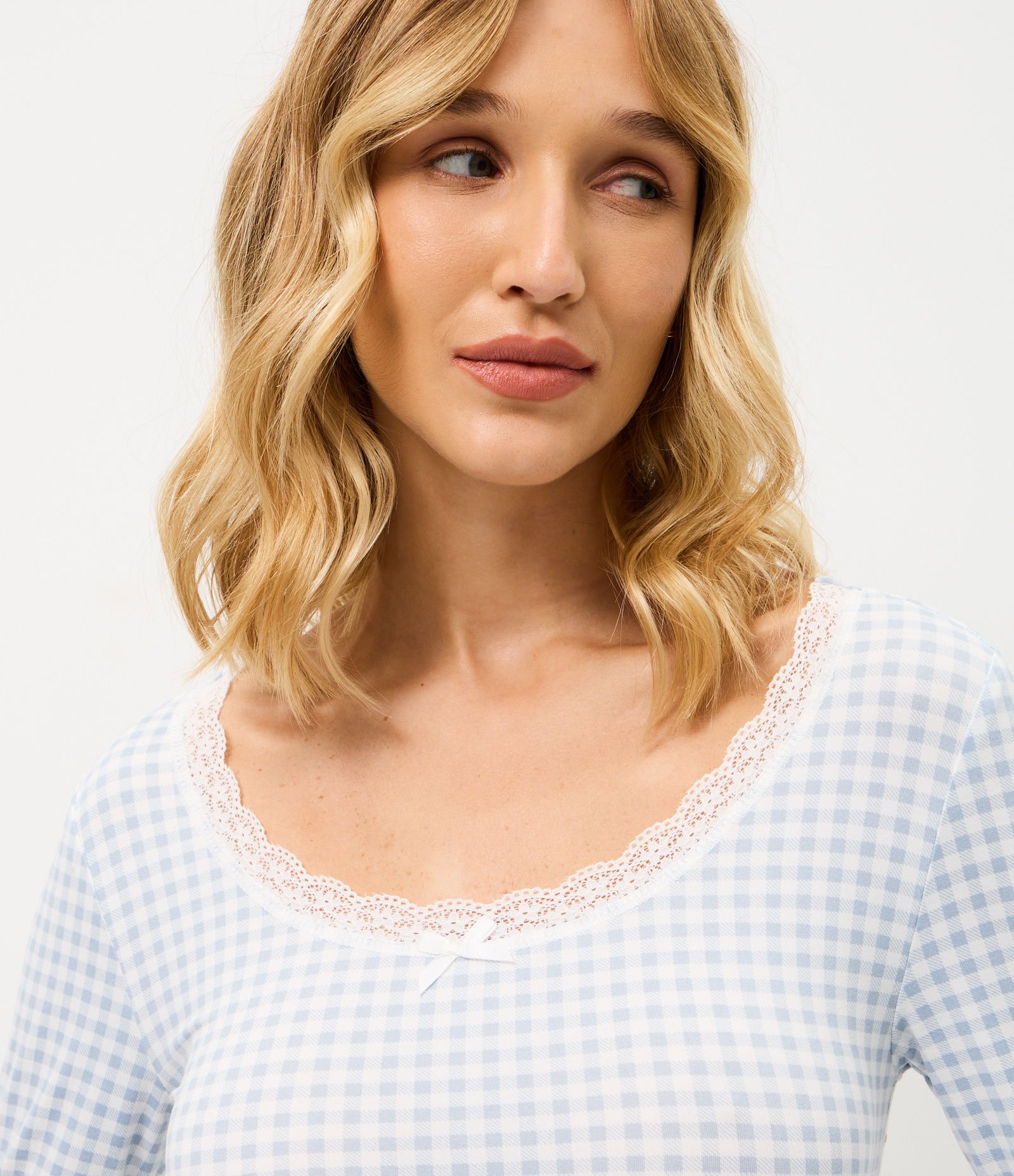 Blusa de Pijama em Peach Touch com Xadrez Vichy Azul 3