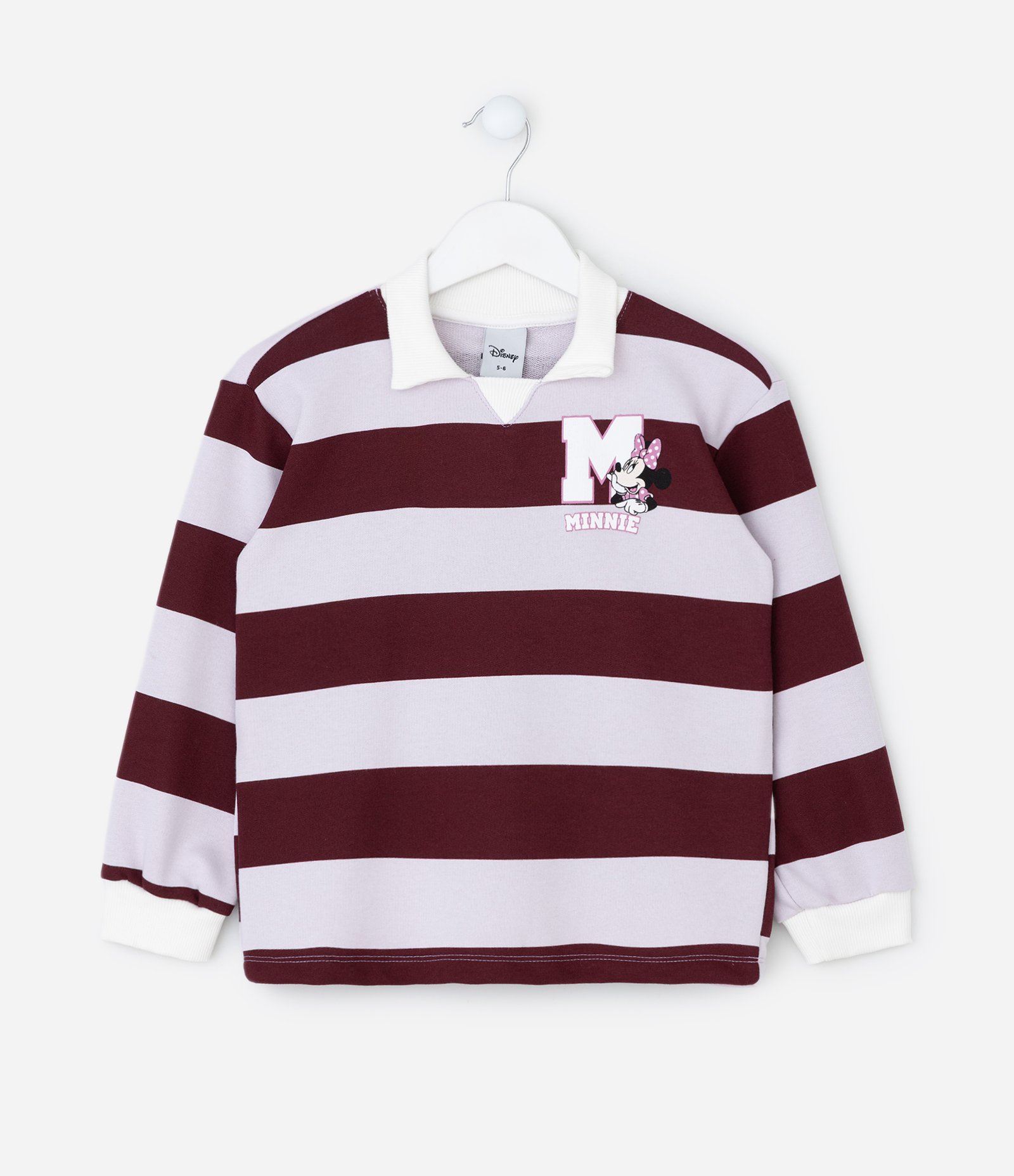 Casaco Infantil Listrado com Estampa Minnie e Gola Polo – Tam 1 a 7/8 Anos Bordô/Lilás 1