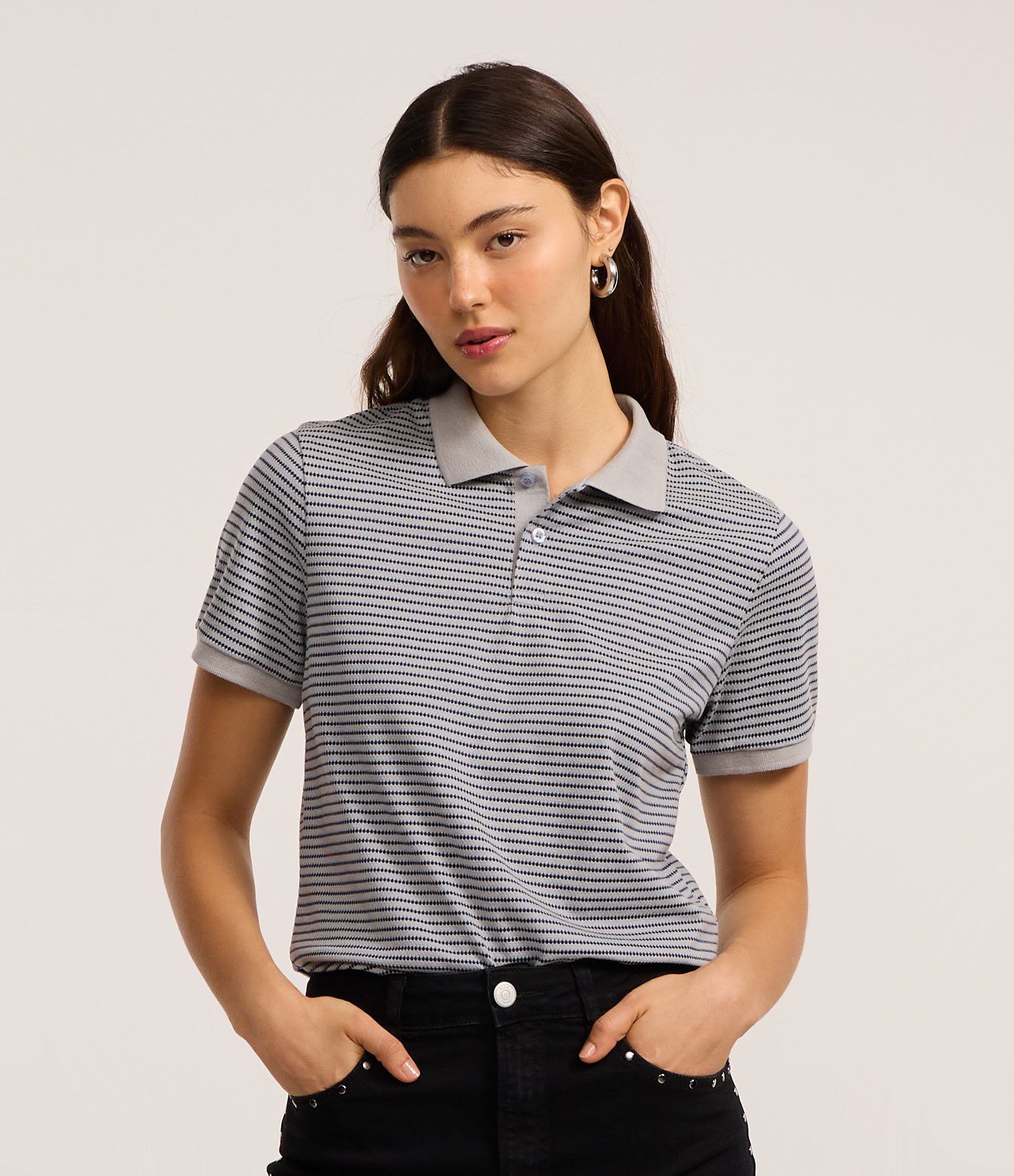 Blusa Polo Texturizada com Listras Cinza 1