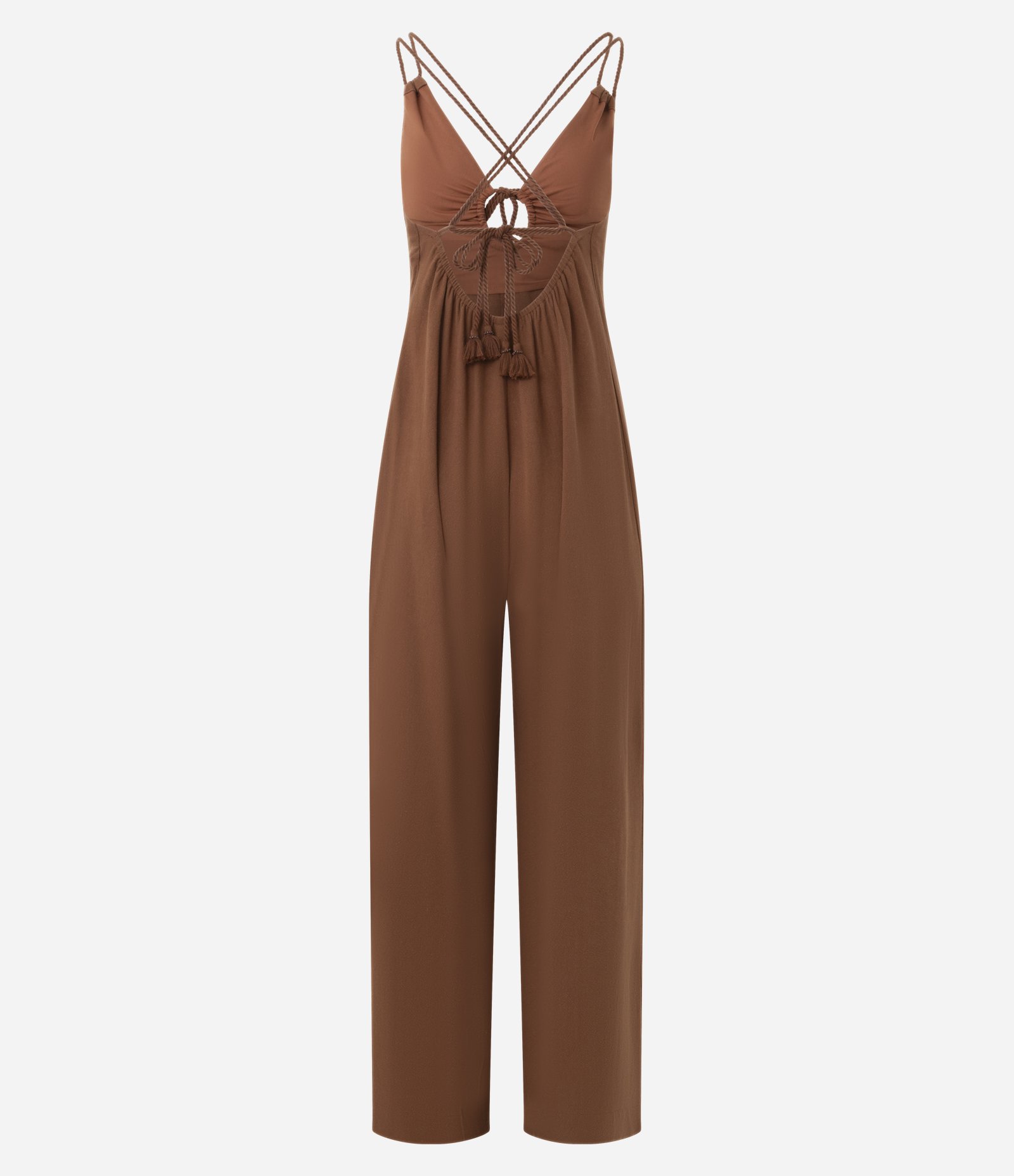 Macacão Pantalona em Viscolinho com Alças Duplas Marrom 7