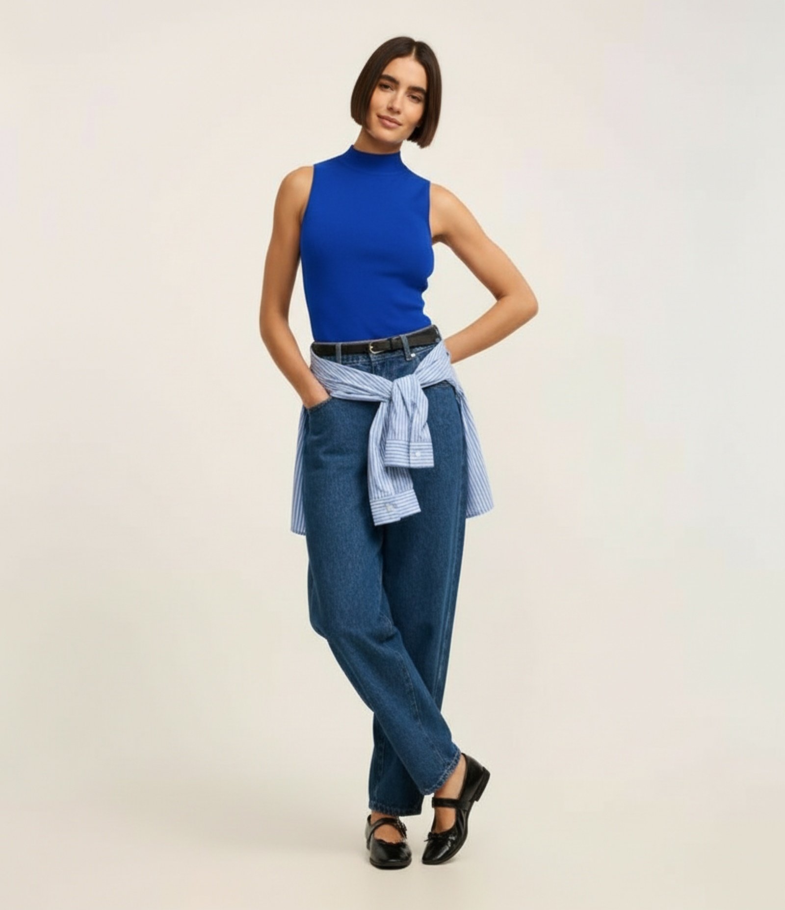 Blusa em Tricô com Golinha e Textura Canelada Azul 1