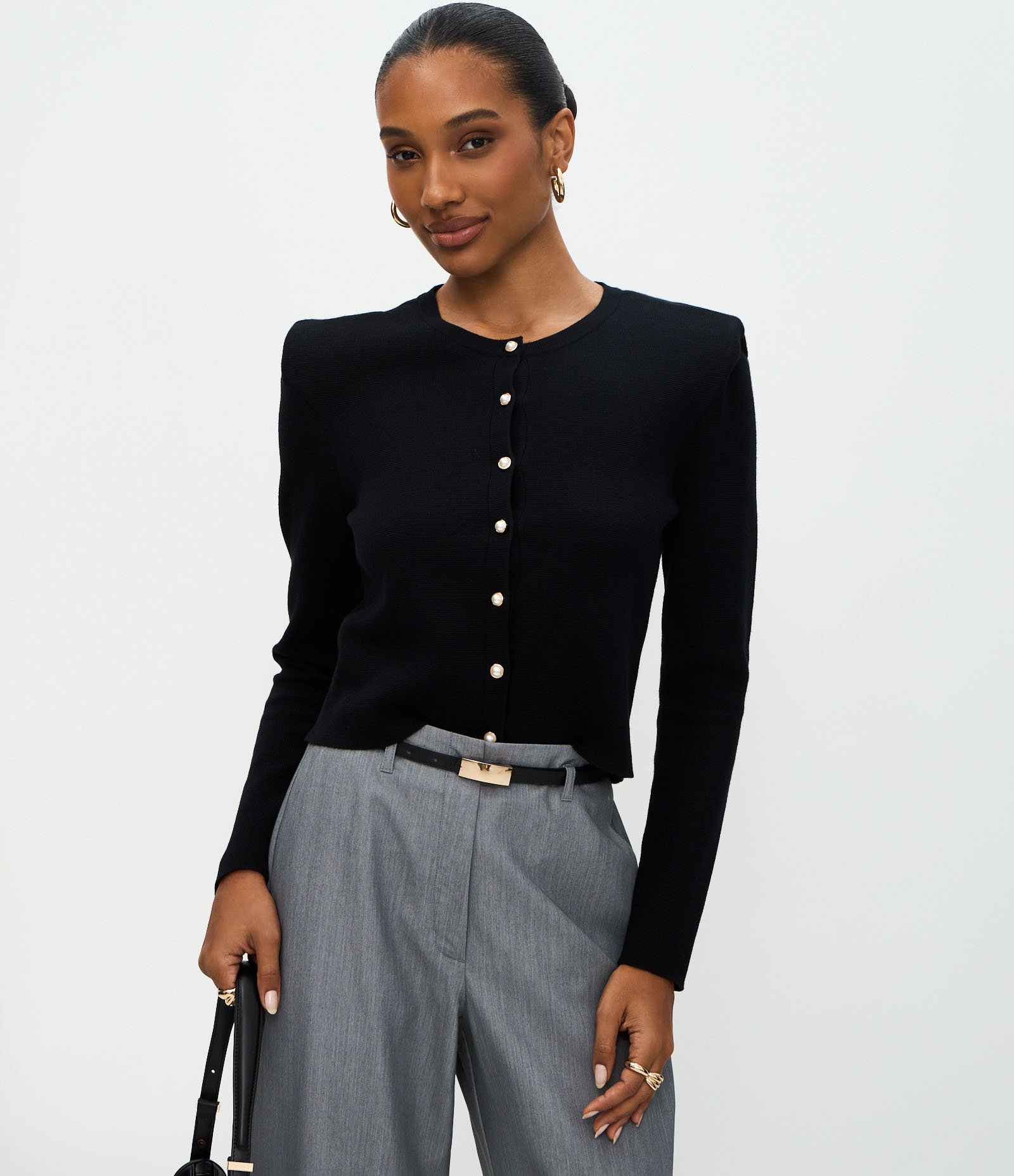 Cardigan Regular em Tricô com Ombreiras Preto 1