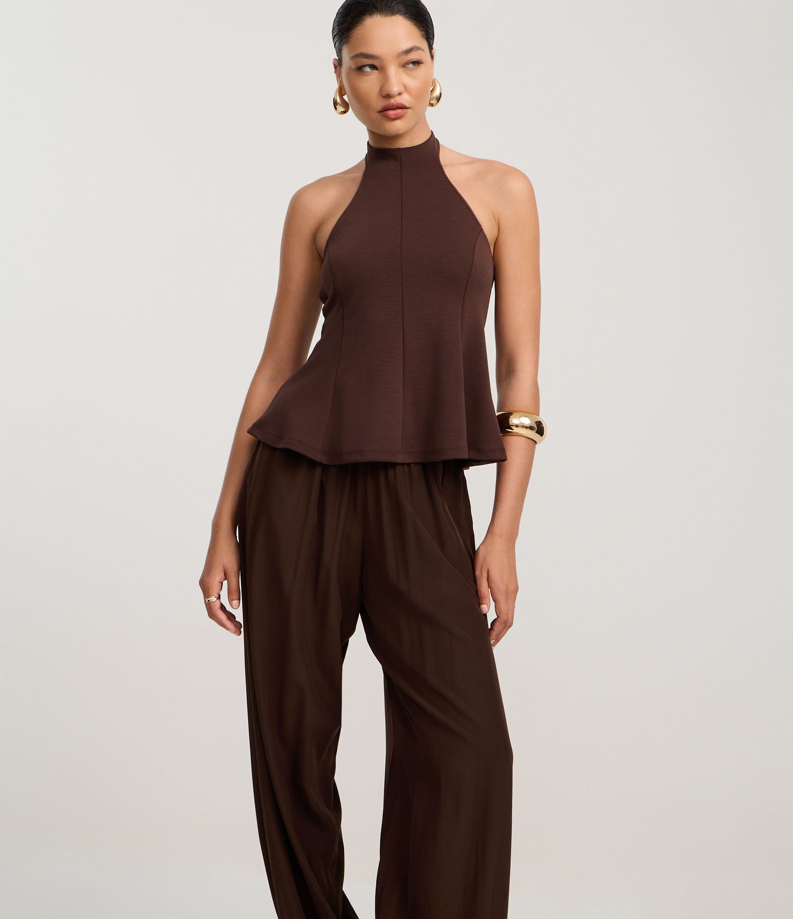 Calça Boho Balloon em Viscose com Elástico no Cós e Barra Marrom 2