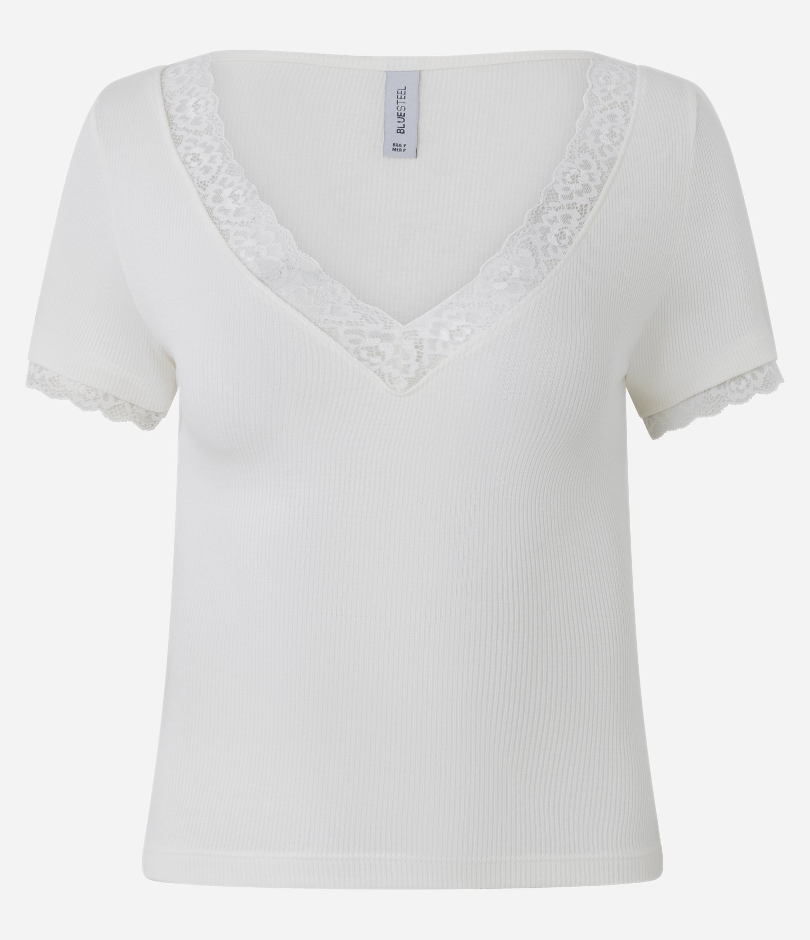 Blusa em Ribana com Decote V e Detalhe em Renda Branco 1