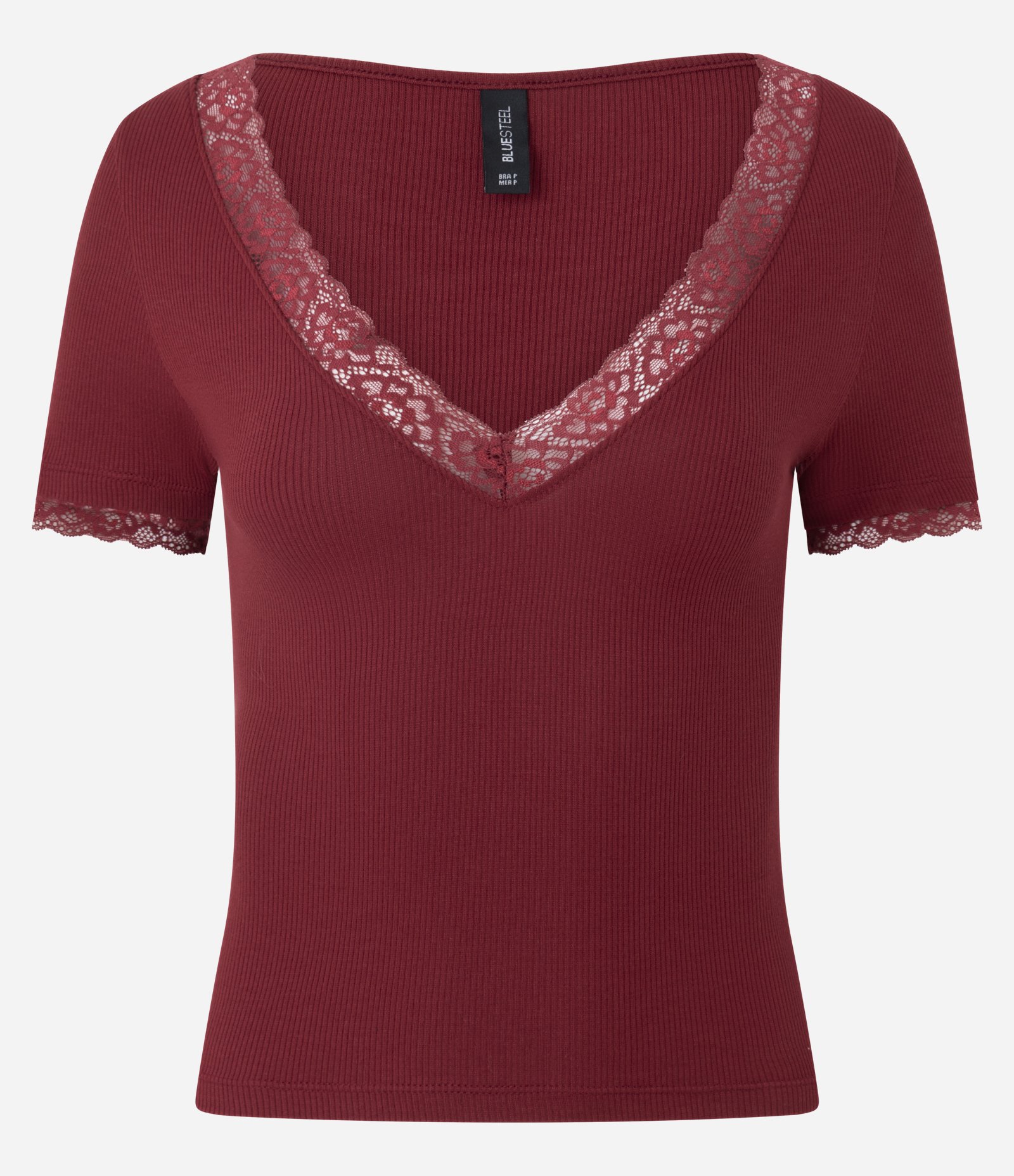 Blusa em Ribana com Decote V e Detalhe em Renda Vermelho 1