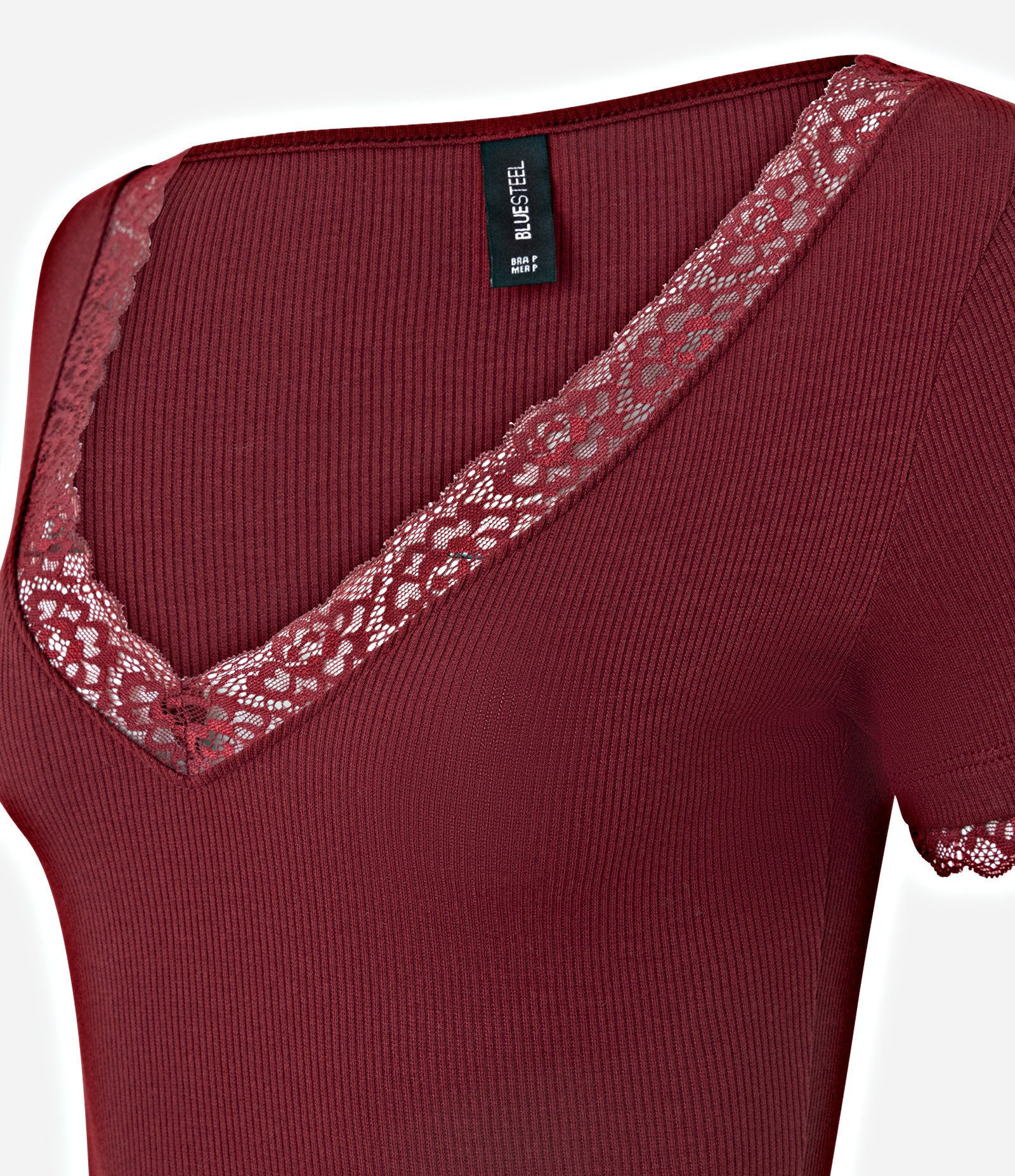 Blusa em Ribana com Decote V e Detalhe em Renda Vermelho 2