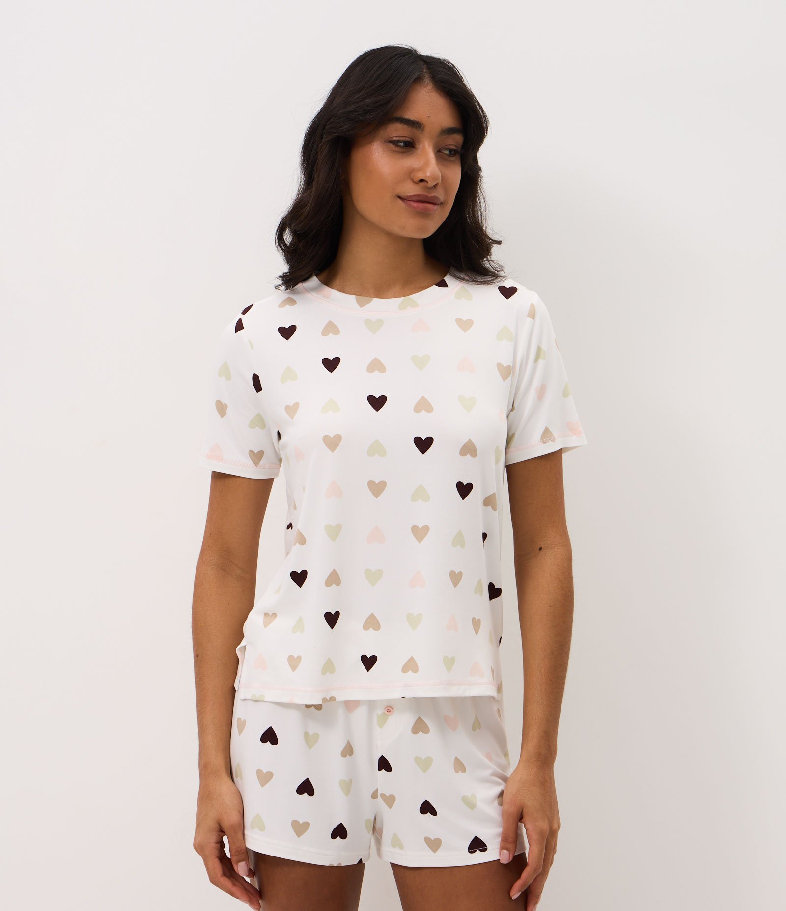 Blusa de Pijama em Peach Touch com Estampa de Coração Branco 1