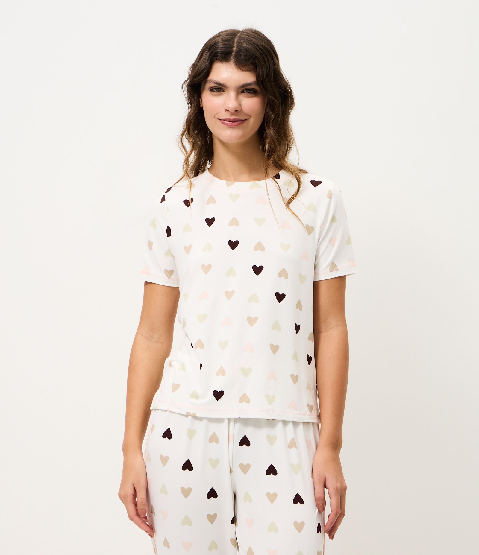 Blusa de Pijama em Peach Touch com Estampa de Coração Branco 1