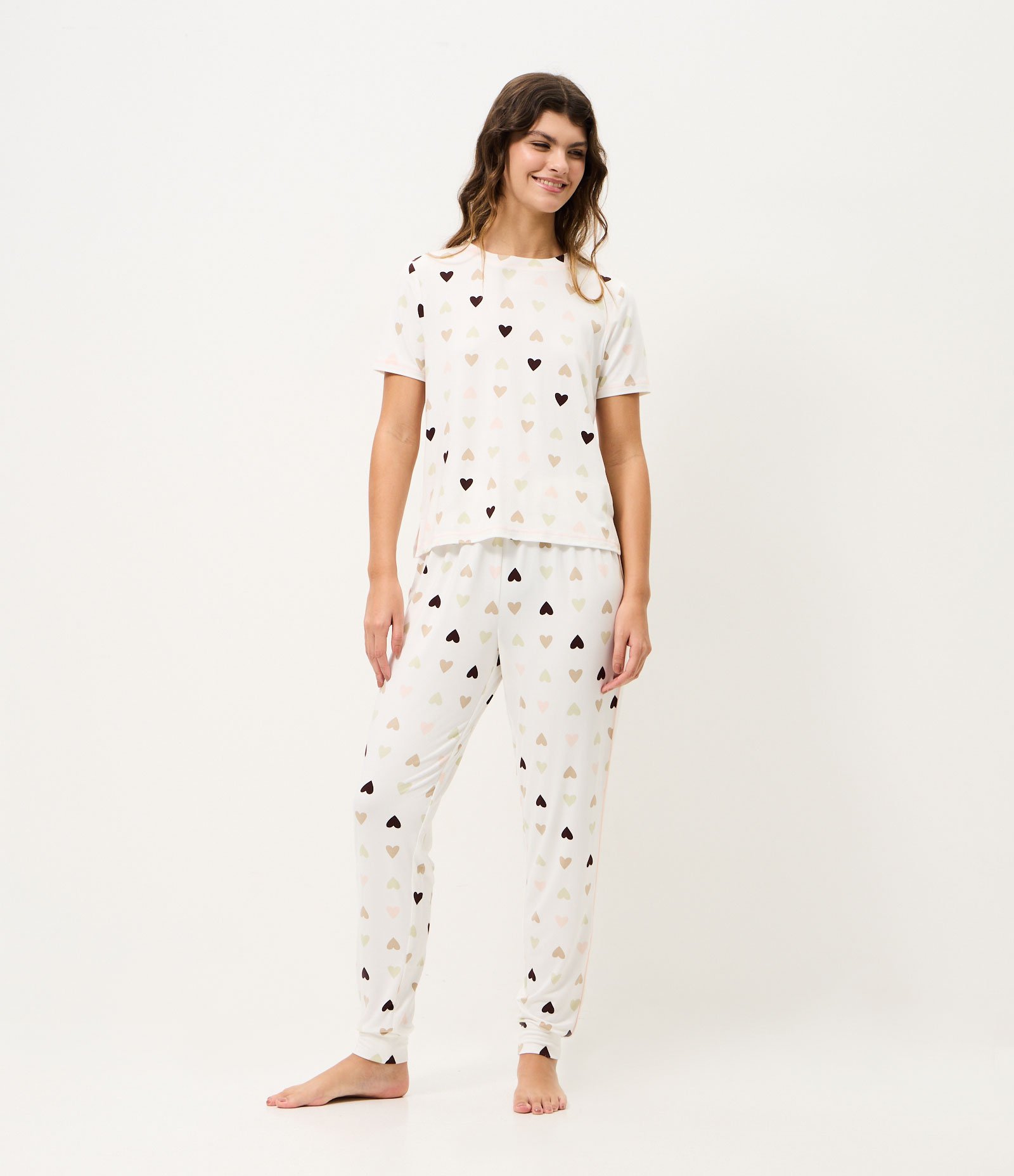 Blusa de Pijama em Peach Touch com Estampa de Coração Branco 2