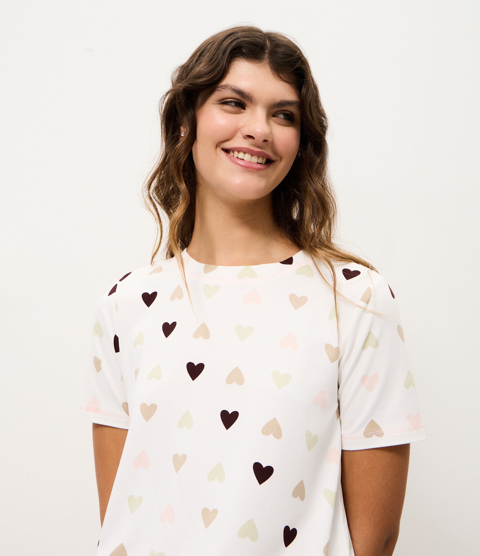 Blusa de Pijama em Peach Touch com Estampa de Coração Branco 3
