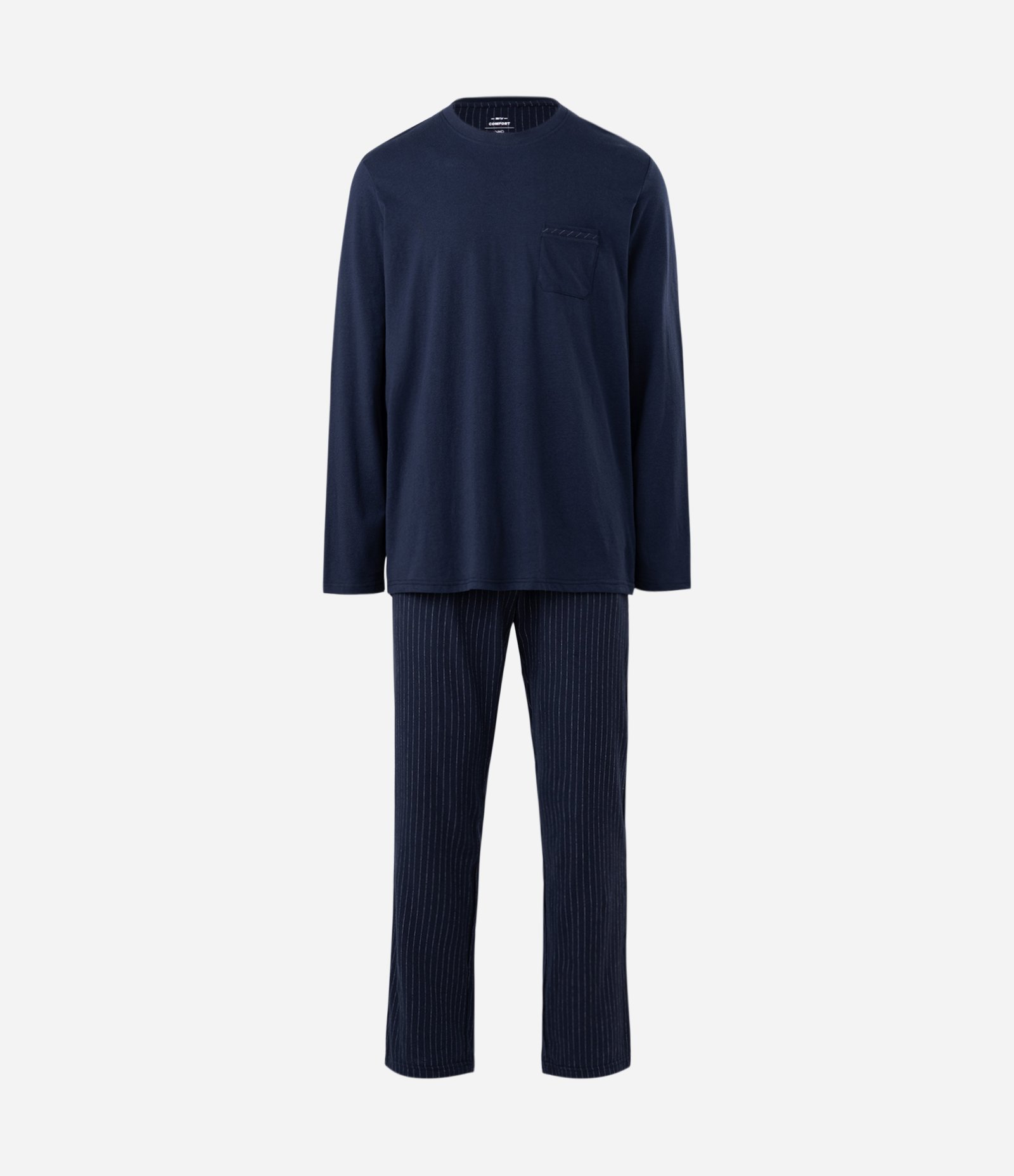 Pijama Longo Masculino Algodão Camiseta Lisa e Calça Listrada Azul 5