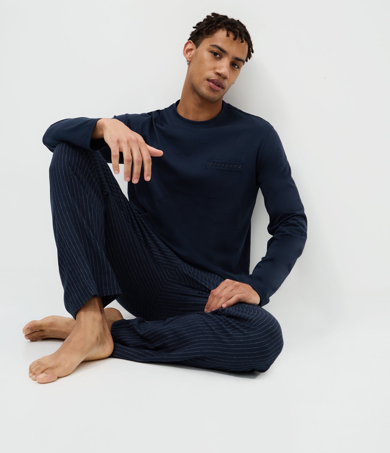 Pijama Longo Masculino Algodão Camiseta Lisa e Calça Listrada Azul 1