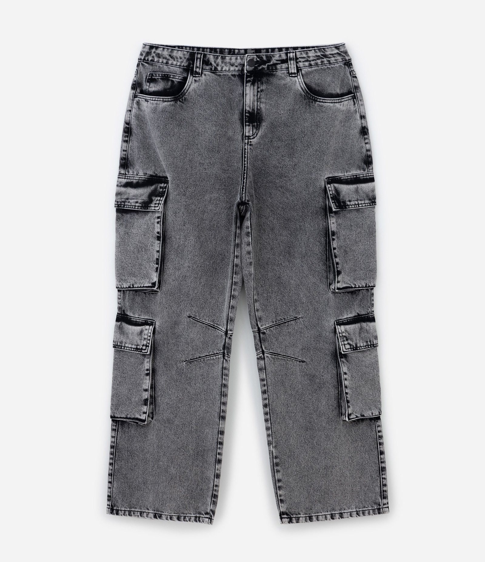 Calça Reta em Jeans com Bolso Cargo e Efeito Estonado Preto 6