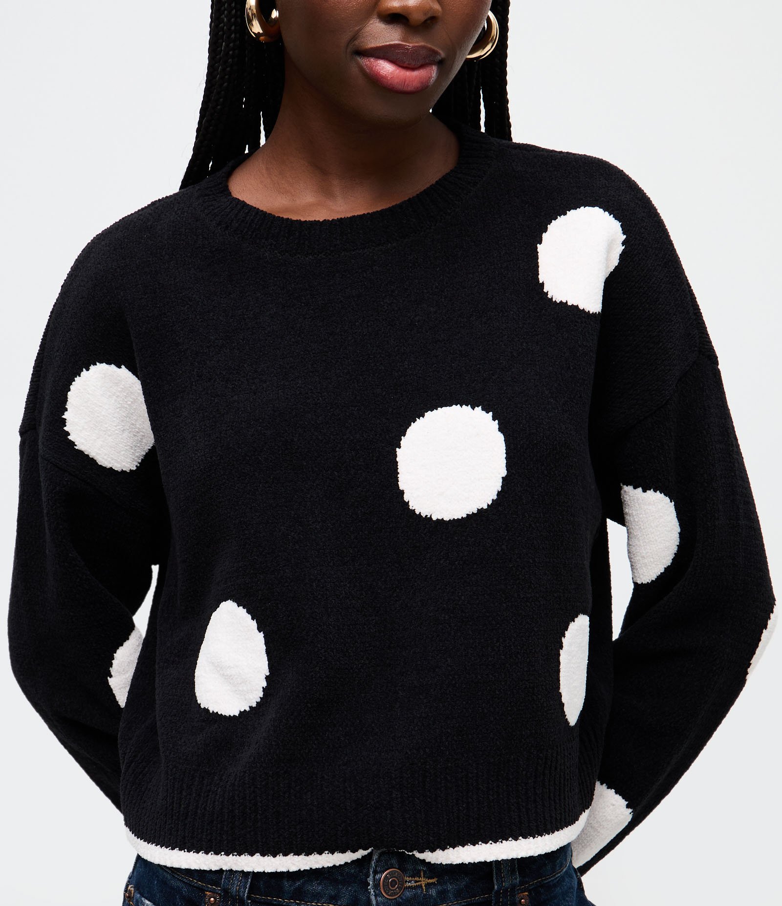 Suéter Slim em Tricô com Estampa Poá e Cava Deslocada Preto 3