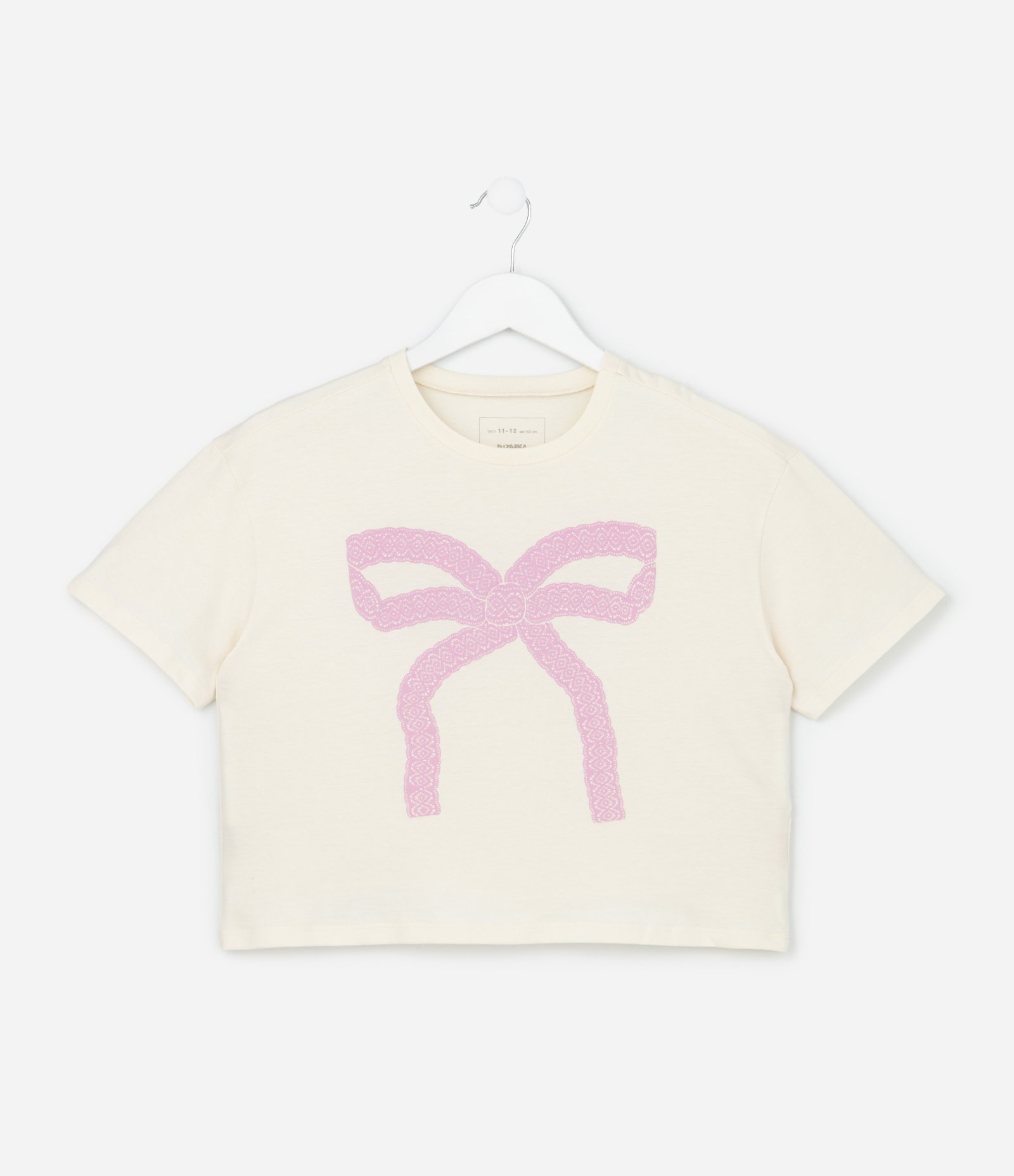 Camiseta Infantil Boxy com Estampa de Laço - Tam 5 a 14 Anos Bege 1