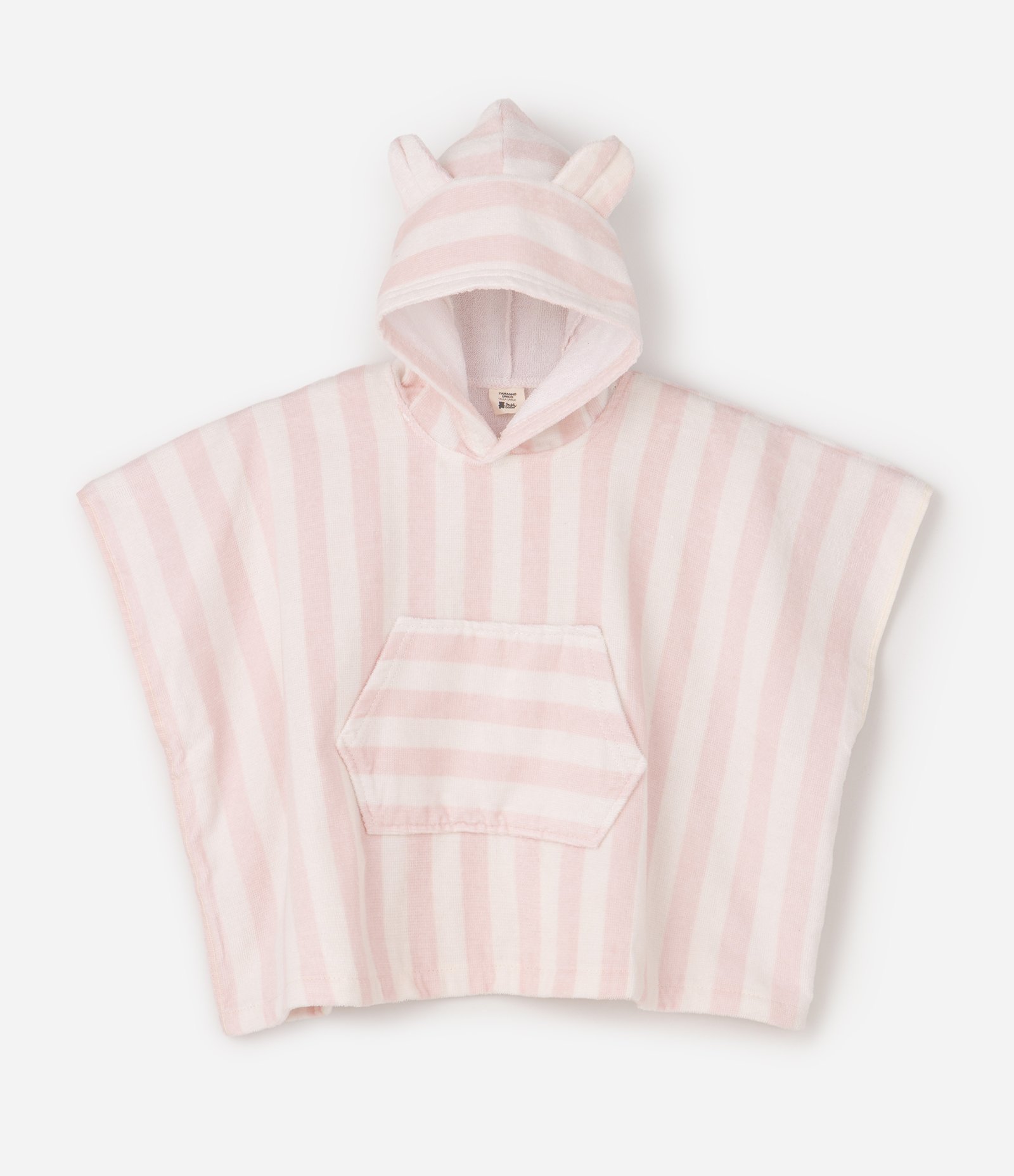 Poncho Atoalhado Bebê com Capuz com Orelhinhas e Listra - Tam U Rosa Claro 1