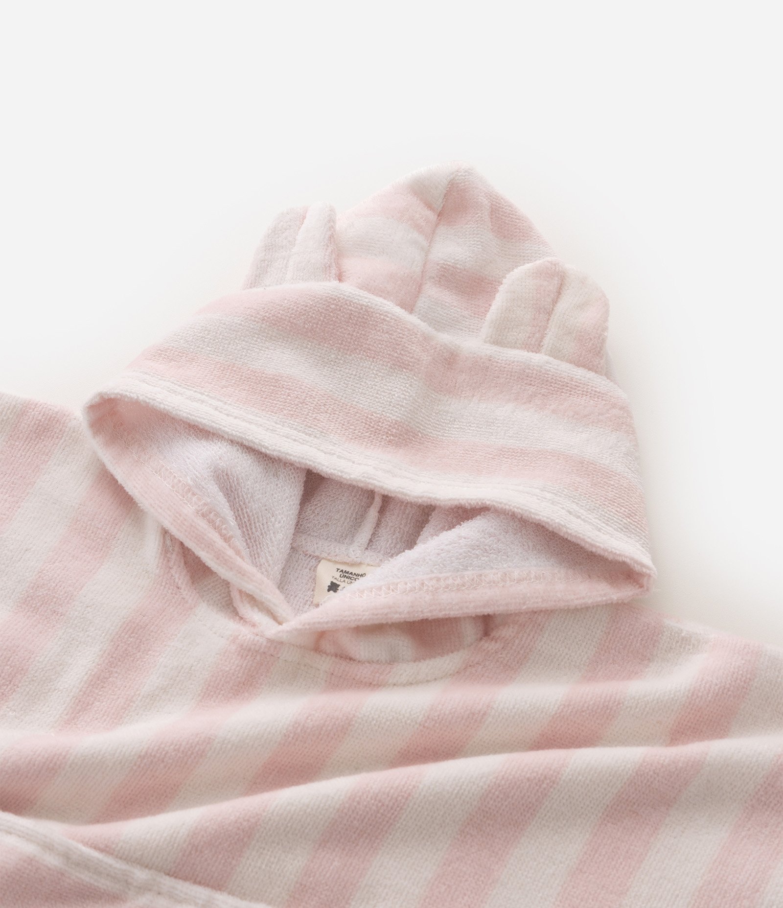Poncho Atoalhado Bebê com Capuz com Orelhinhas e Listra - Tam U Rosa Claro 4