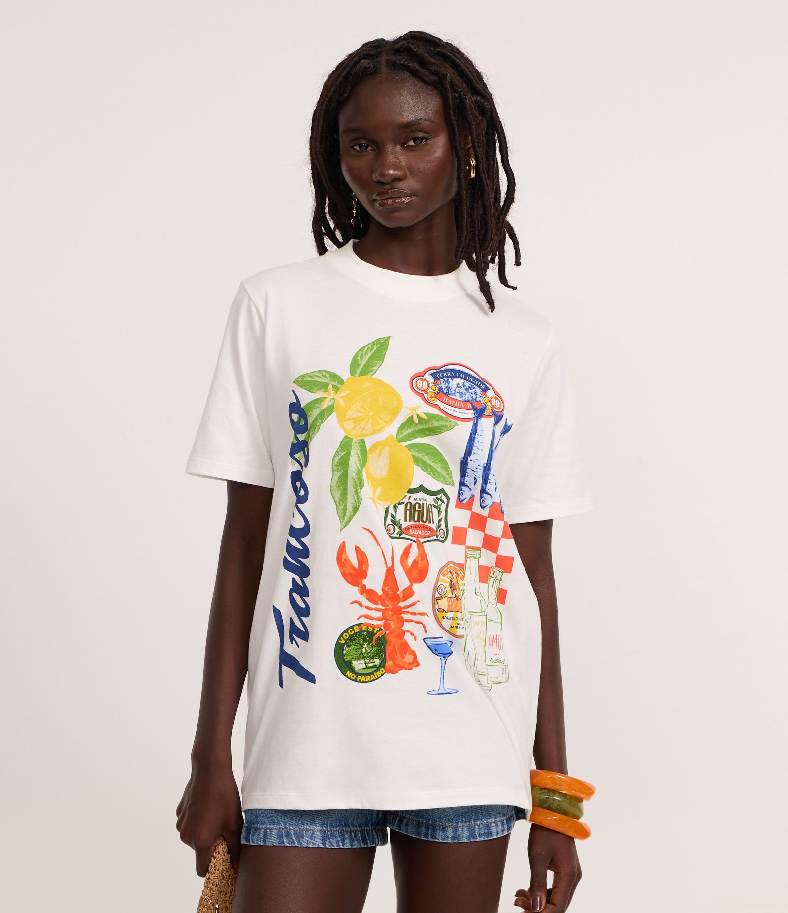 Camiseta em Algodão com Estampa Trancoso Branco 1