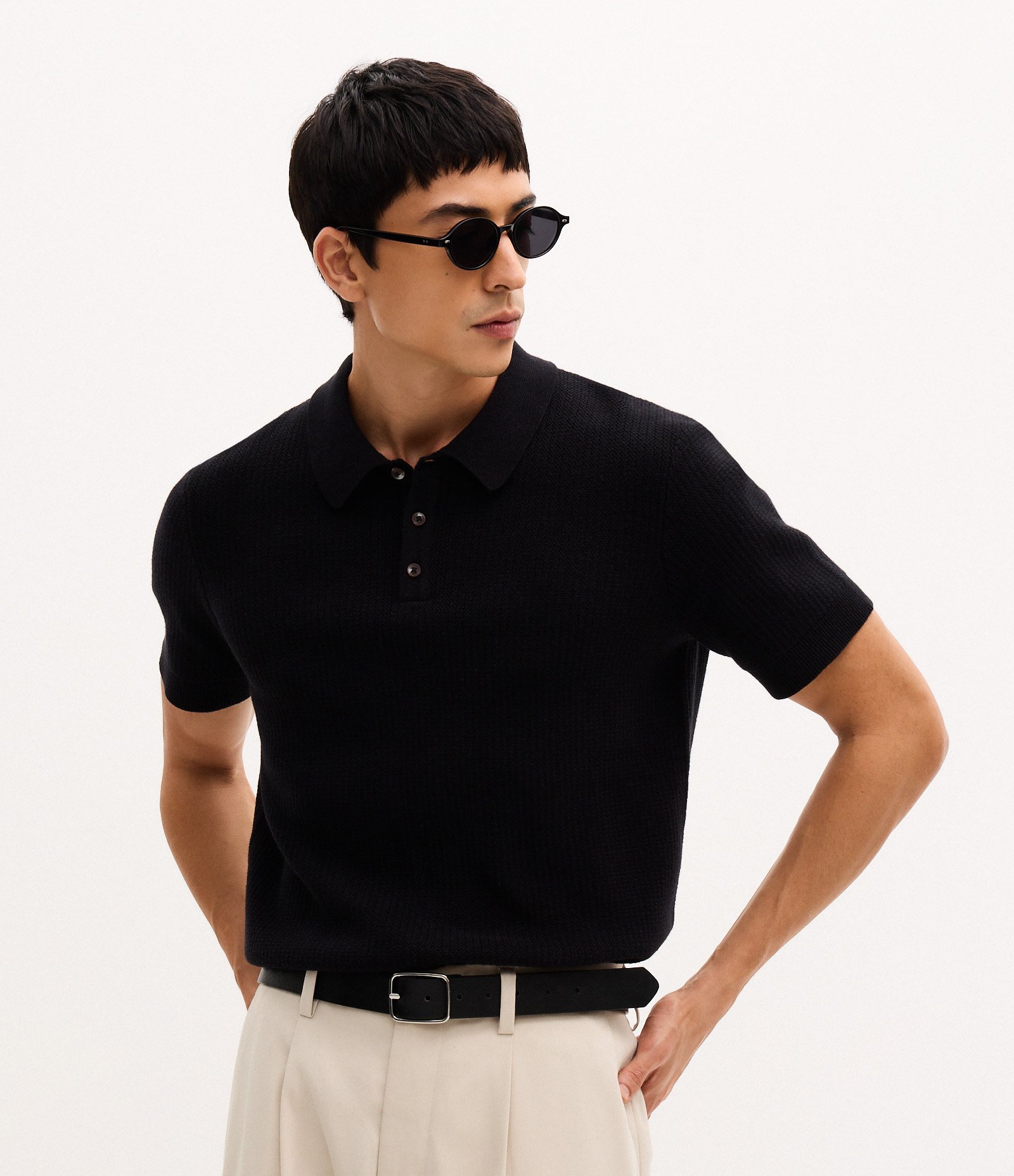 Camisa Polo Regular em Tricô com Botões Contrastantes Preto 1