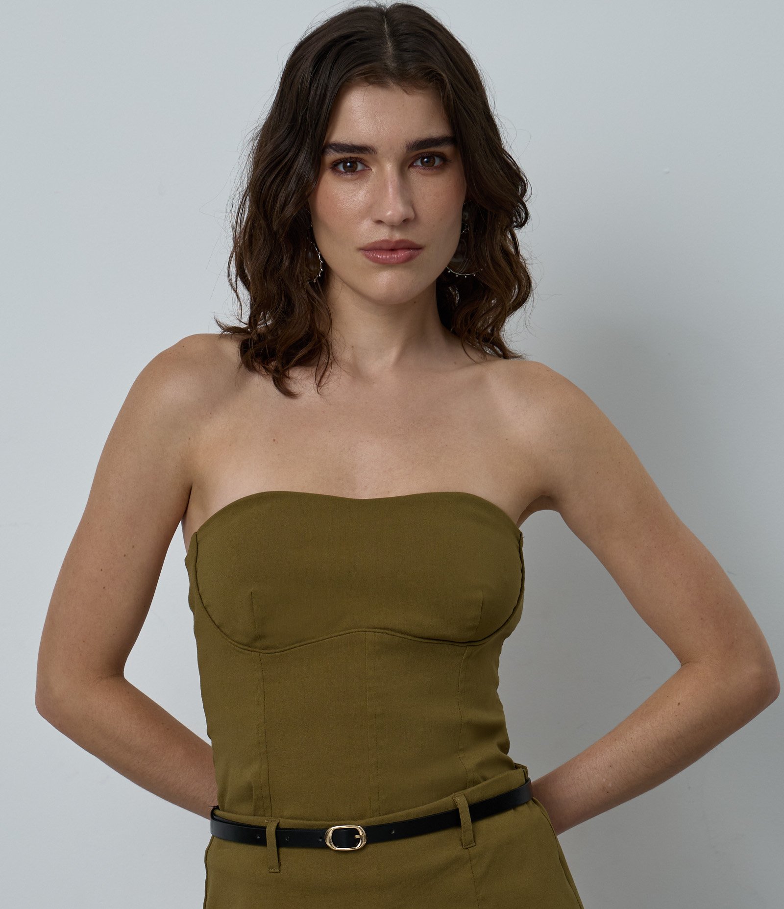 Blusa Tomara que Caia em Bengaline com Recorte no Busto Verde Escuro 3