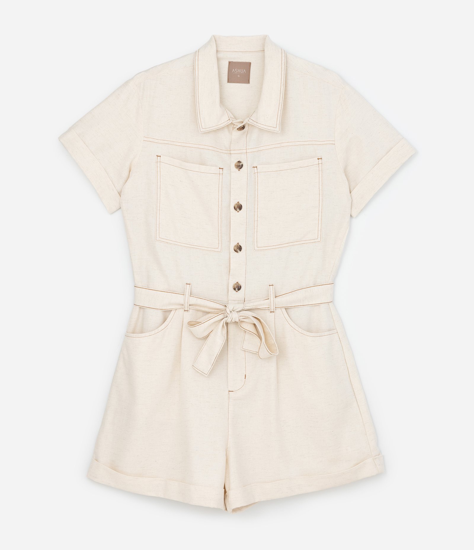 Macacão Curto em Sarja com Faixa na Cintura Curve & Plus Size Bege 5