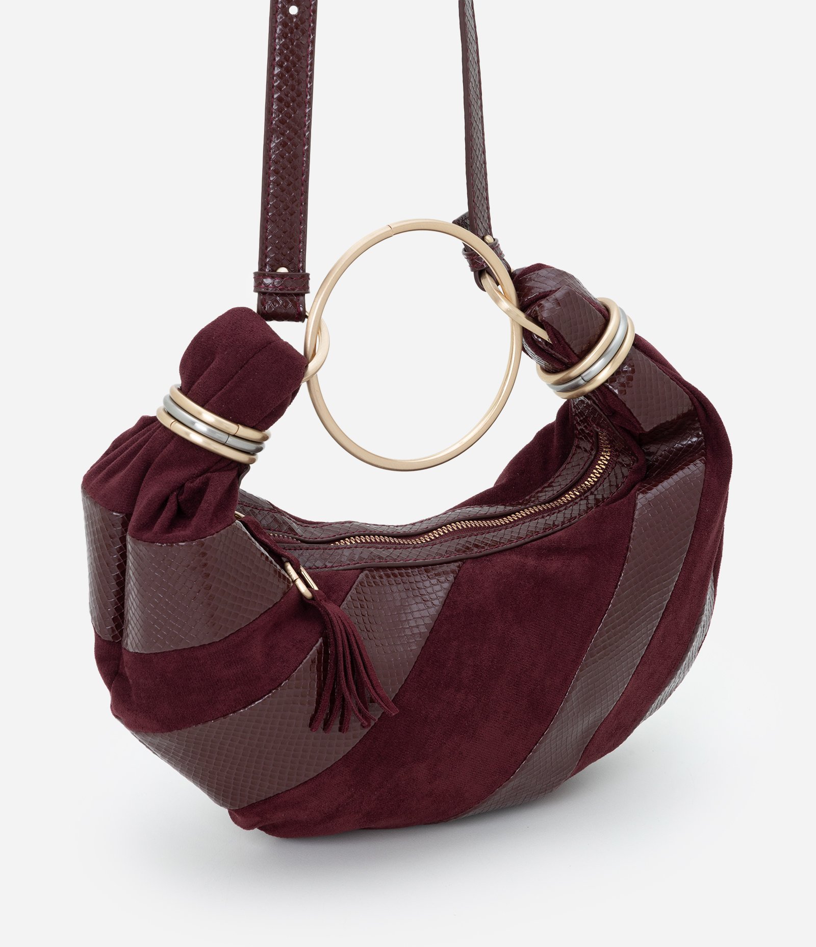 Bolsa Média em Suede com Alça Argola e Recortes Contrastantes Vinho 1