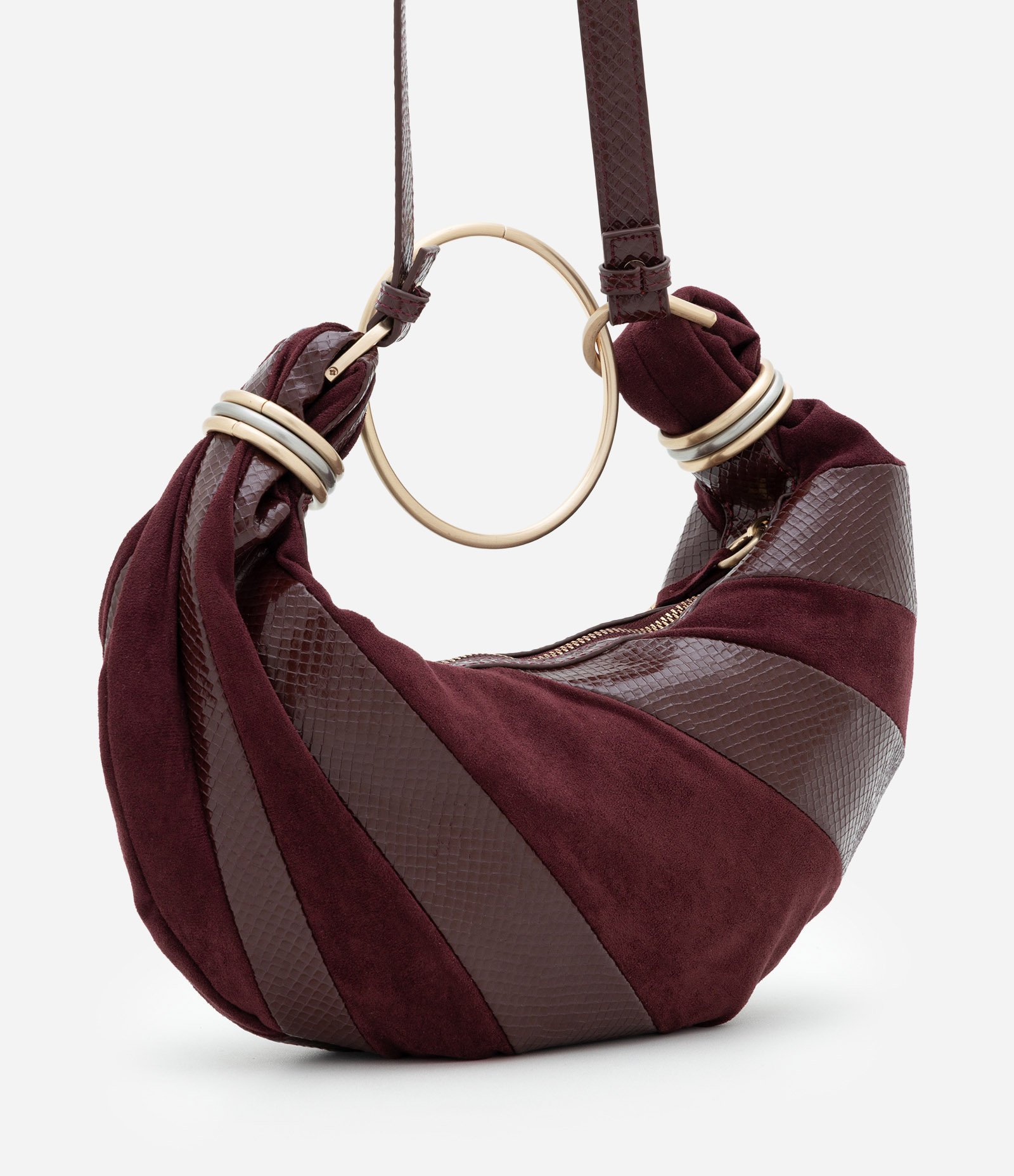 Bolsa Média em Suede com Alça Argola e Recortes Contrastantes Vinho 3