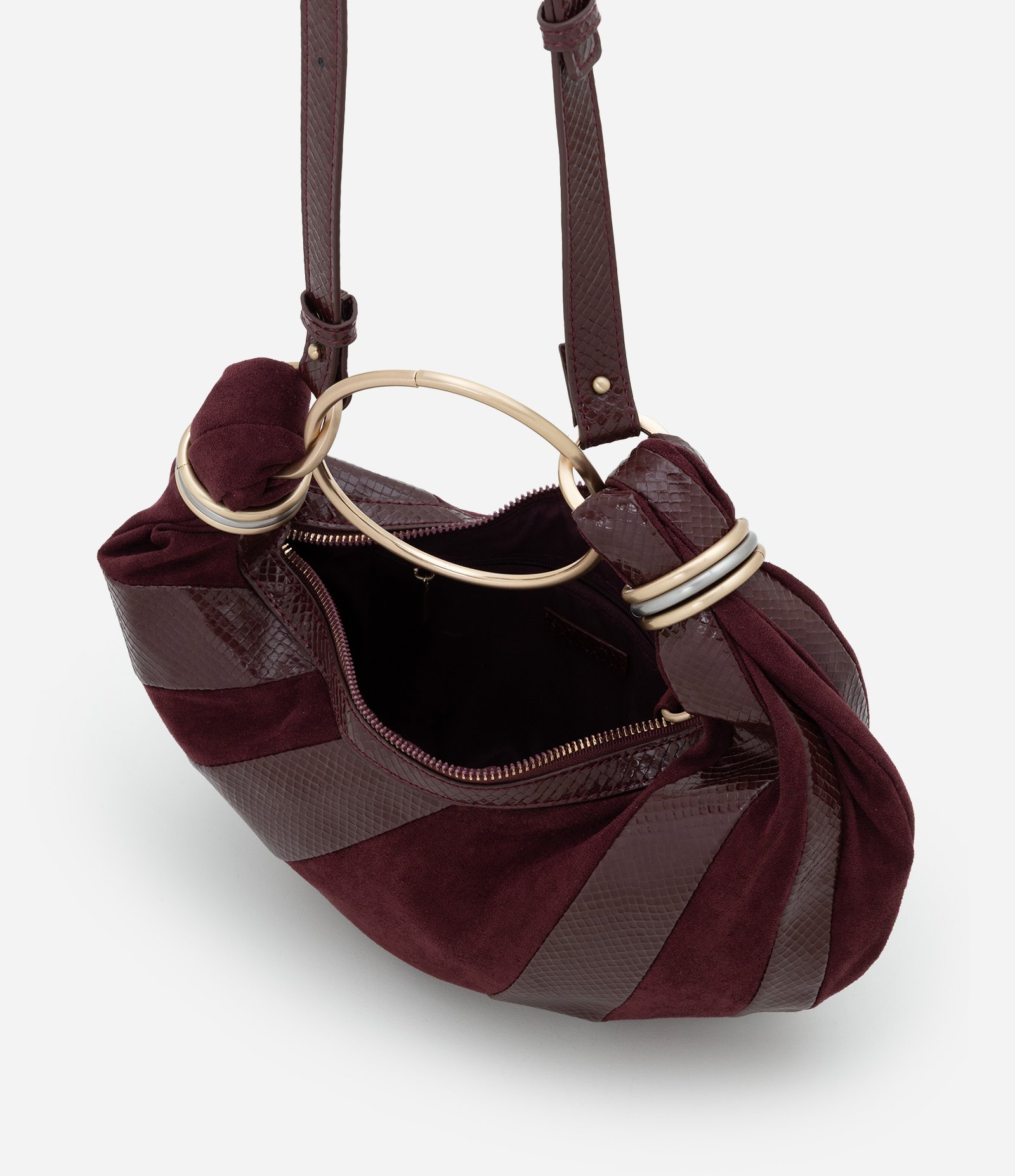 Bolsa Média em Suede com Alça Argola e Recortes Contrastantes Vinho 5