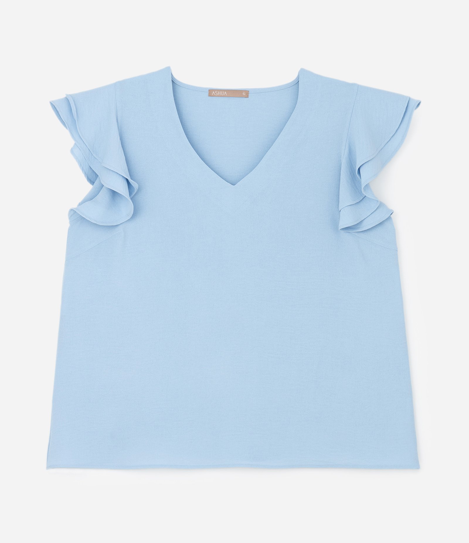 Blusa em Crepe com Babado Duplo no Ombro Curve & Plus Size Azul 4