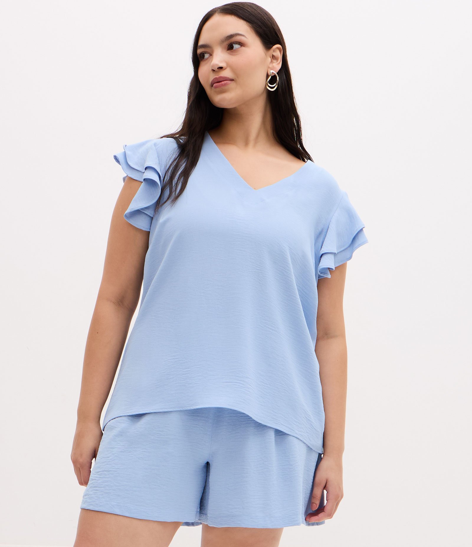 Blusa em Crepe com Babado Duplo no Ombro Curve & Plus Size Azul 2