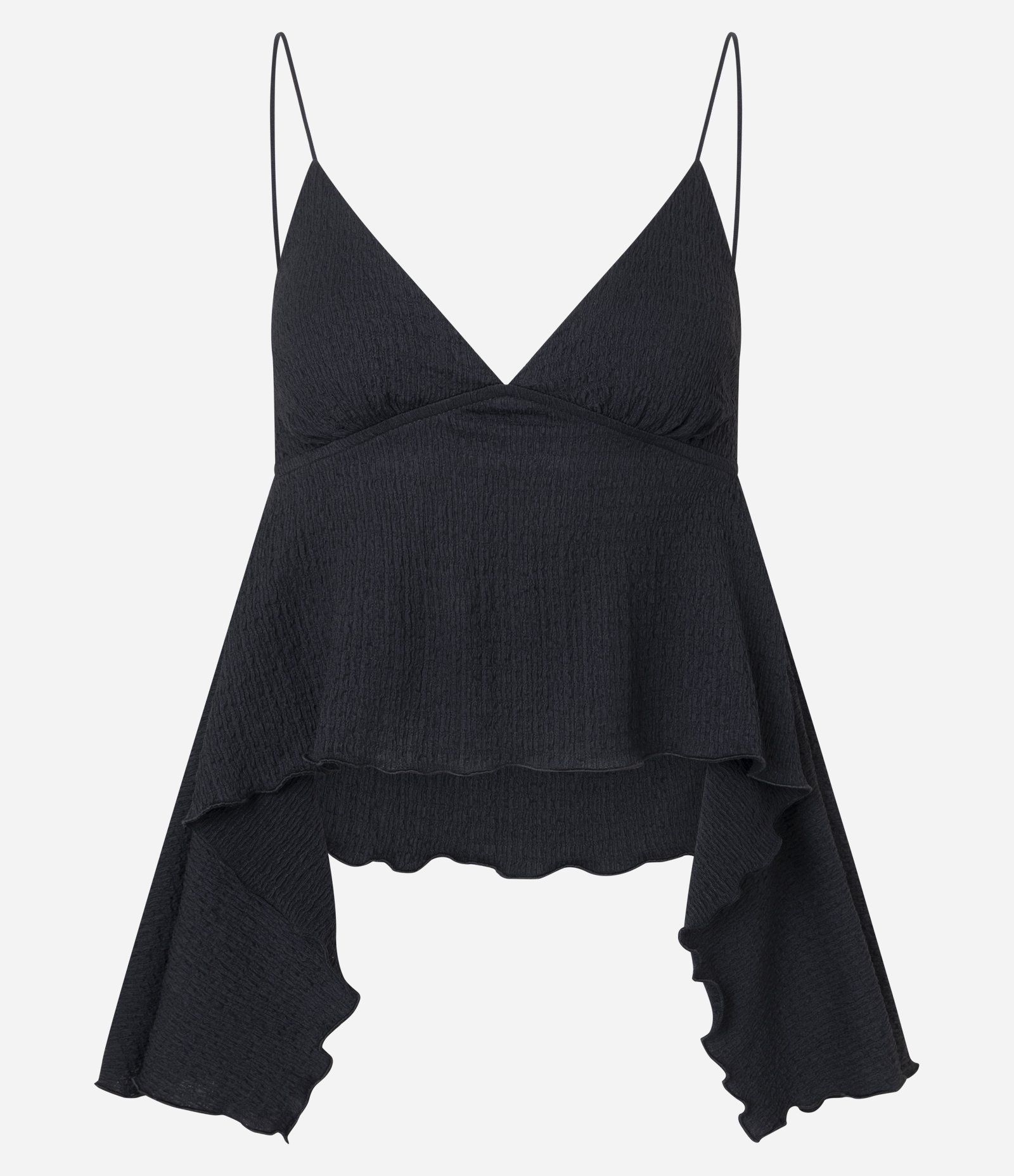 Blusa Curta Texturizada com Alças Finas e Pontas Preto 1