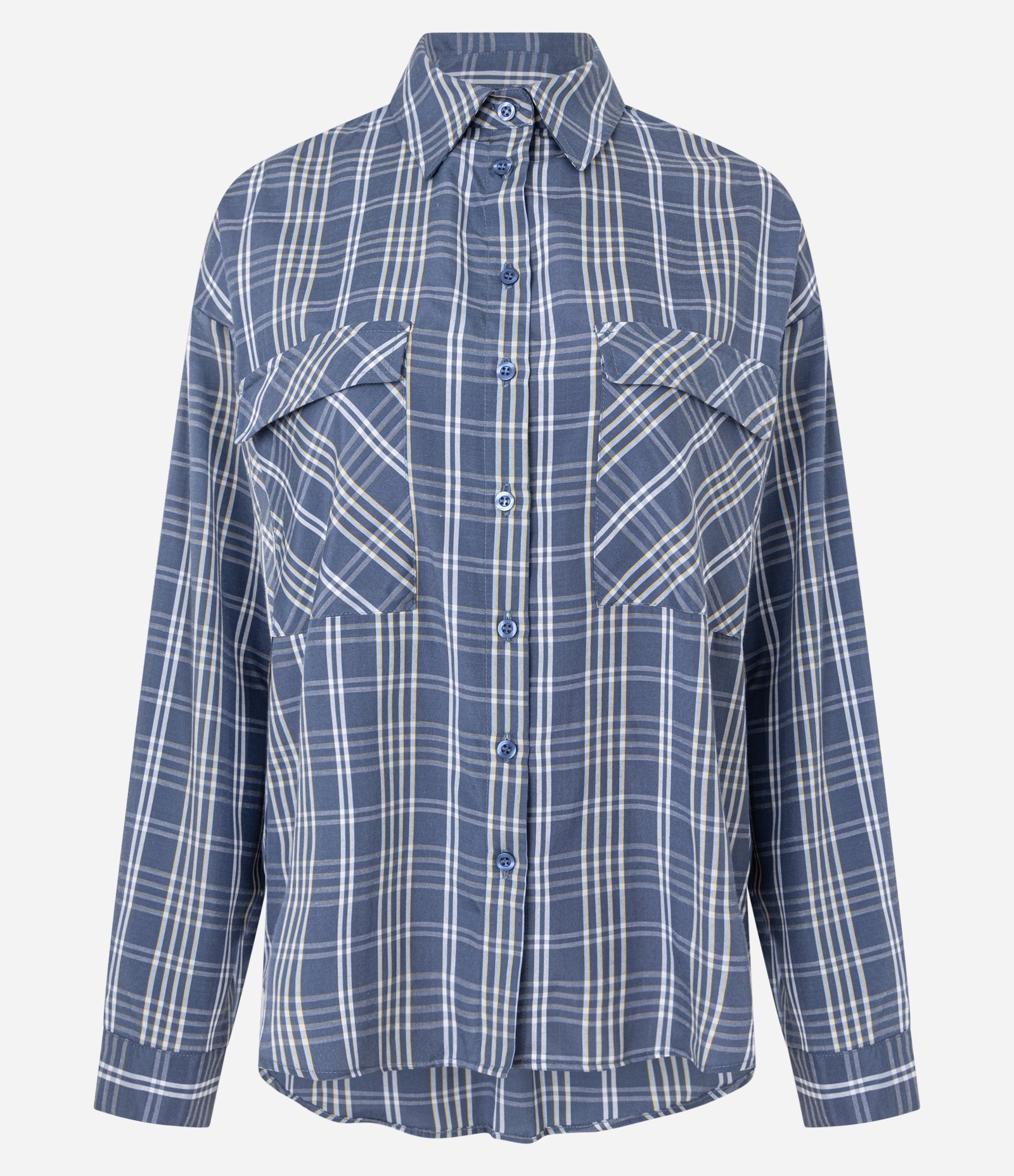 Camisa Alfaiatada com Estampa Xadrez Bolsos e Recortes Azul 4