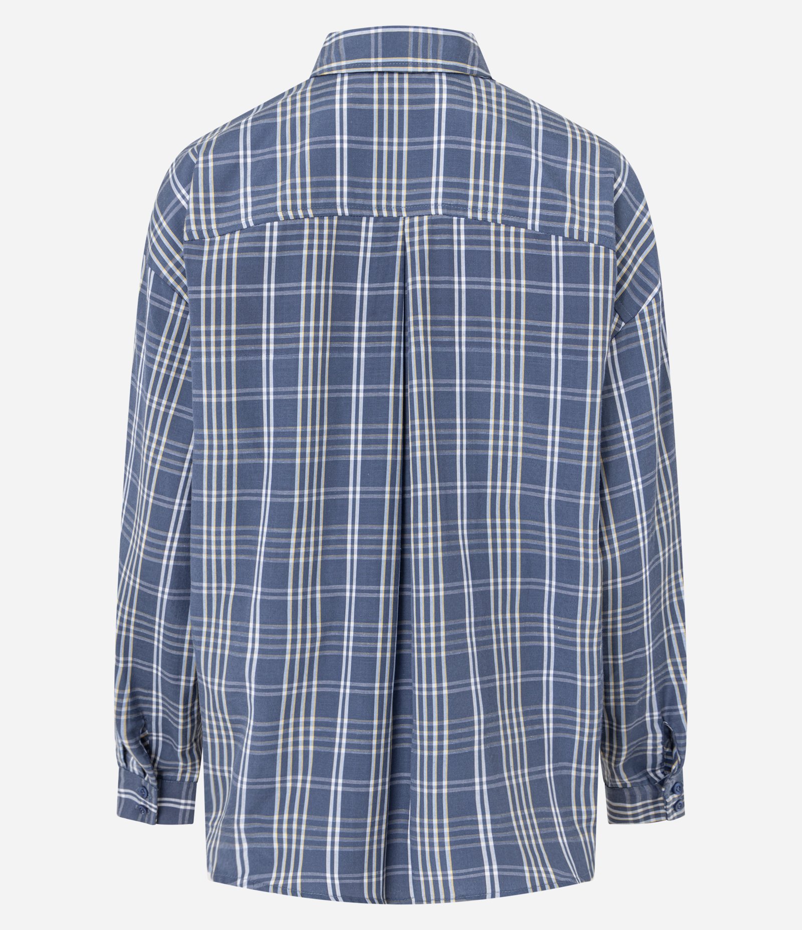 Camisa Alfaiatada com Estampa Xadrez Bolsos e Recortes Azul 5