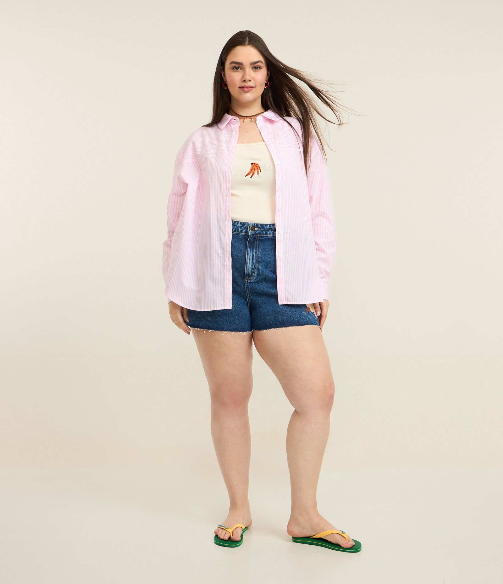 Camisa em Algodão com Gola Colarinho e Estampa Listrada Curve & Plus Size Rosa 3