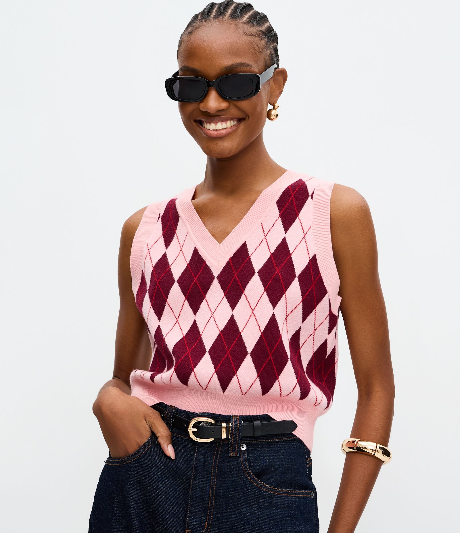 Colete Curto em Tricô com Estampa Xadrez Rosa 1