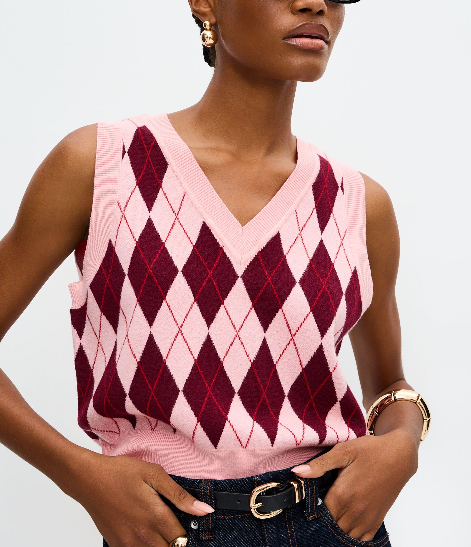 Colete Curto em Tricô com Estampa Xadrez Rosa 4