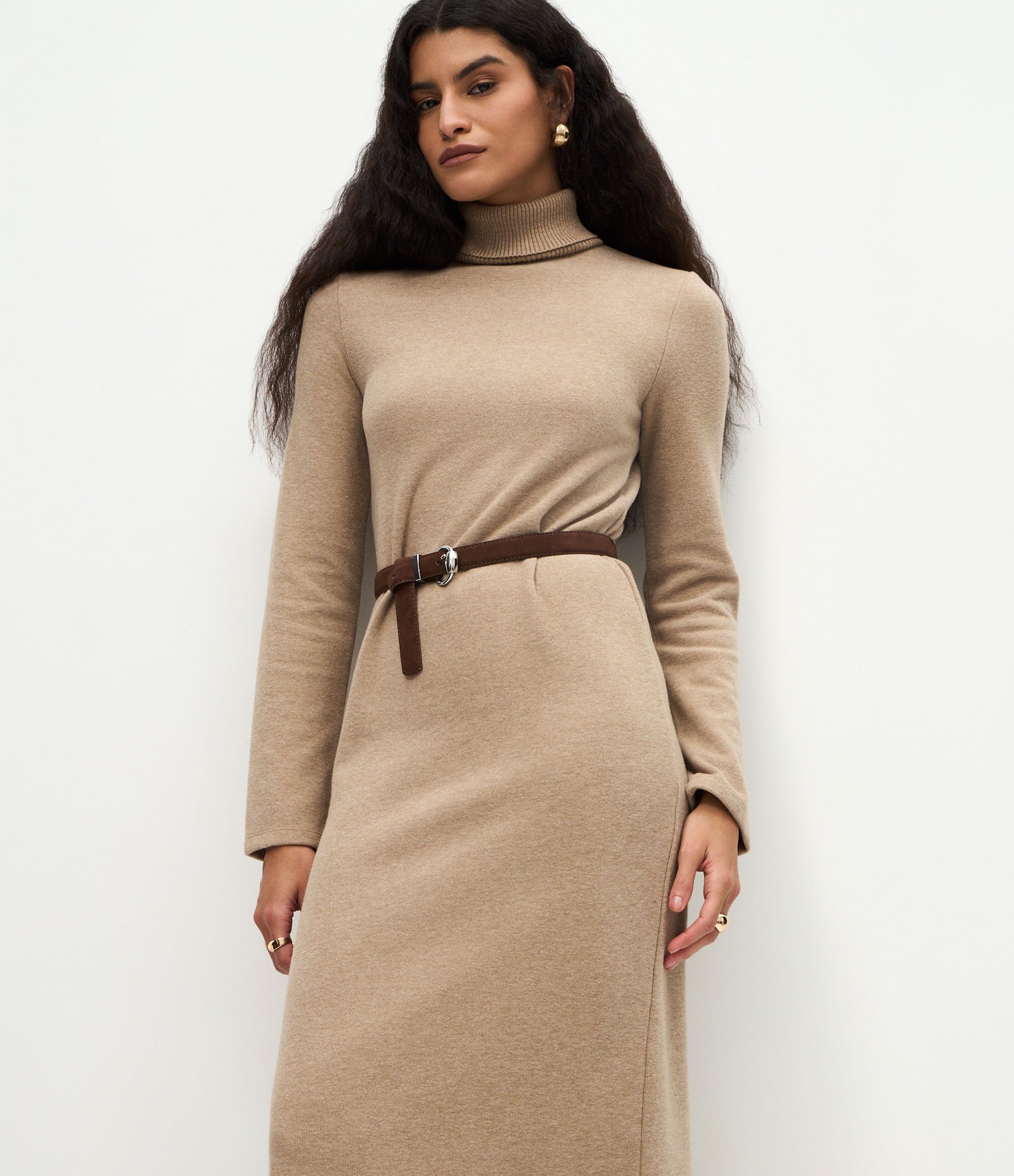 Vestido Long Midi com Gola Alta e Mangas Longas Bege 2