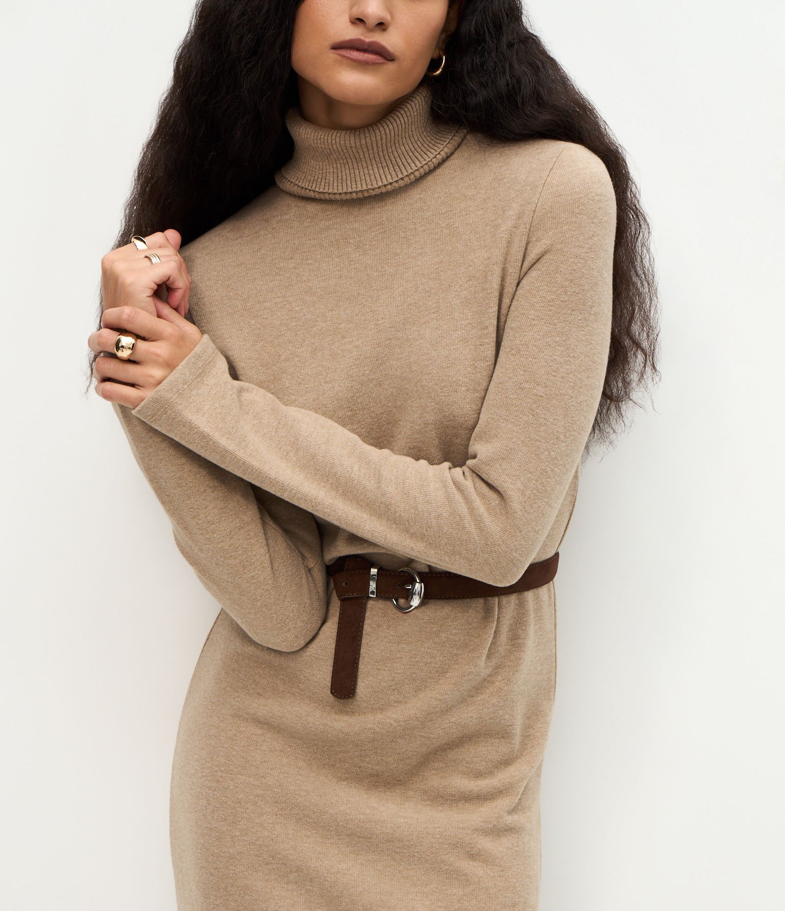 Vestido Long Midi com Gola Alta e Mangas Longas Bege 4