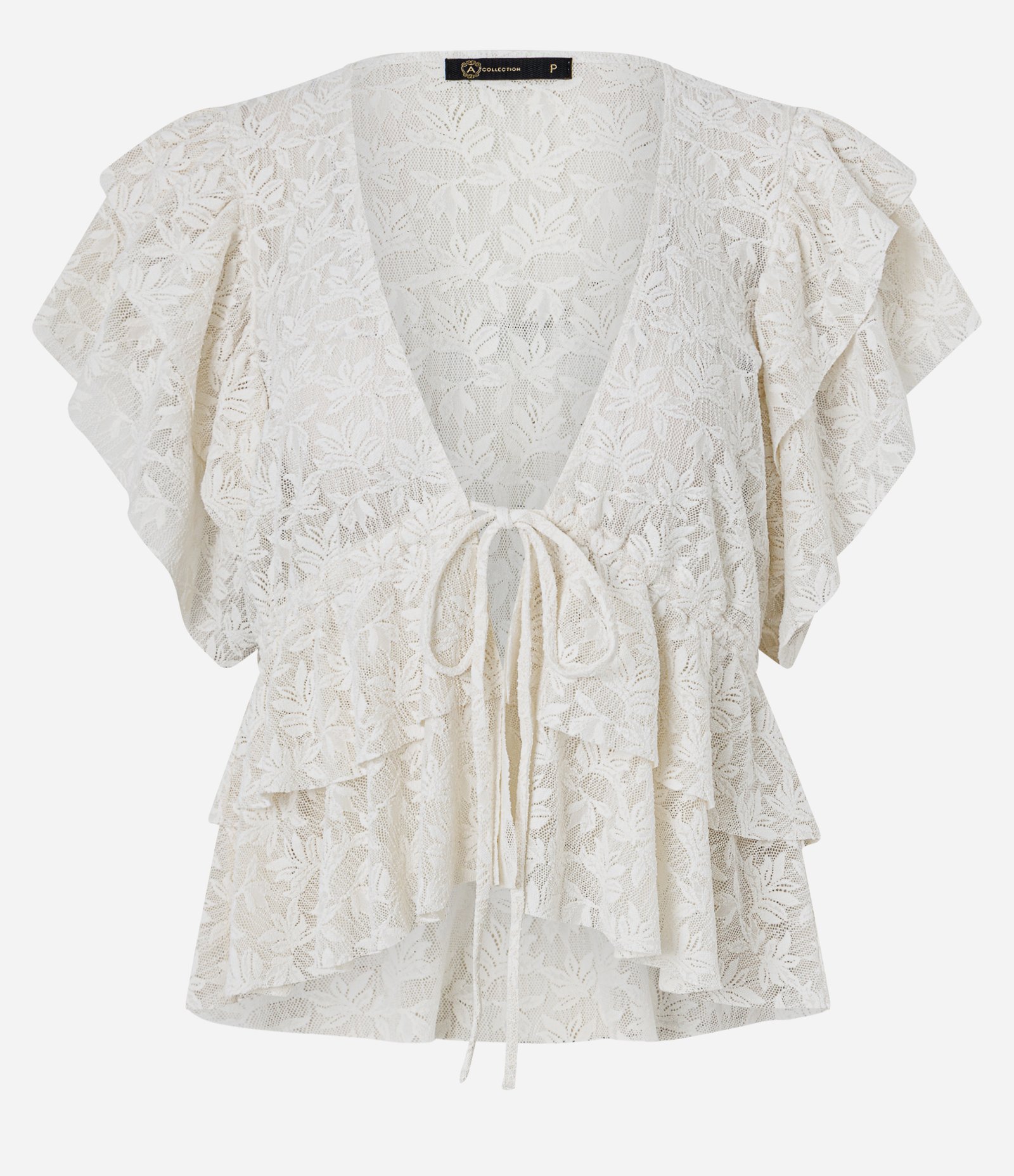 Blusa Texturizada em Renda com Babados e Amarração Frontal Bege 6