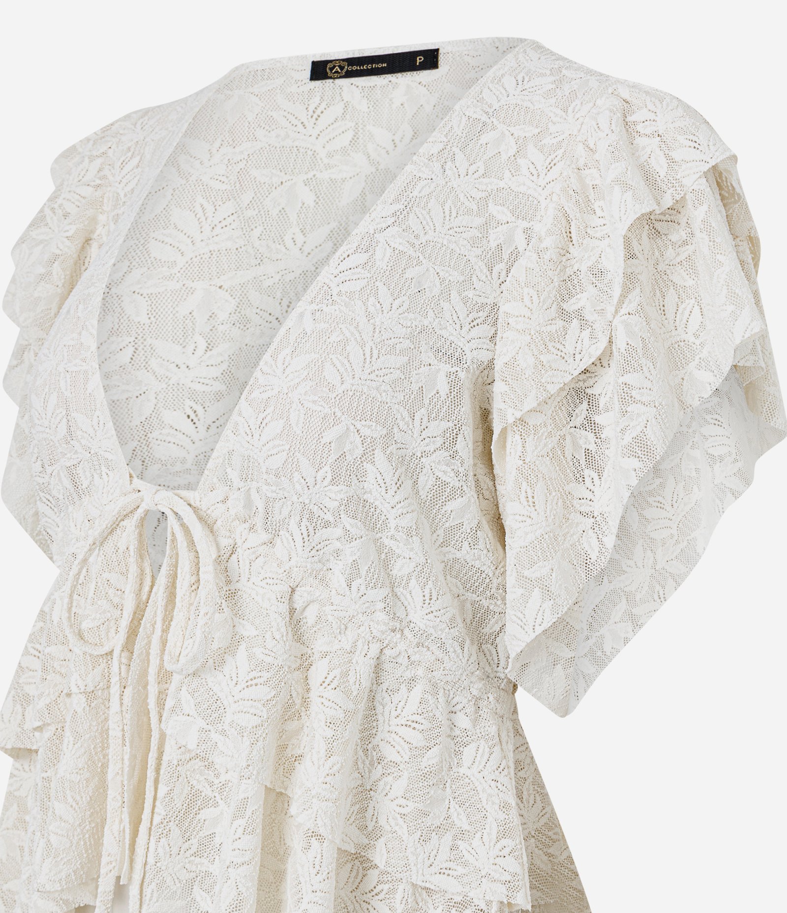 Blusa Texturizada em Renda com Babados e Amarração Frontal Bege 7