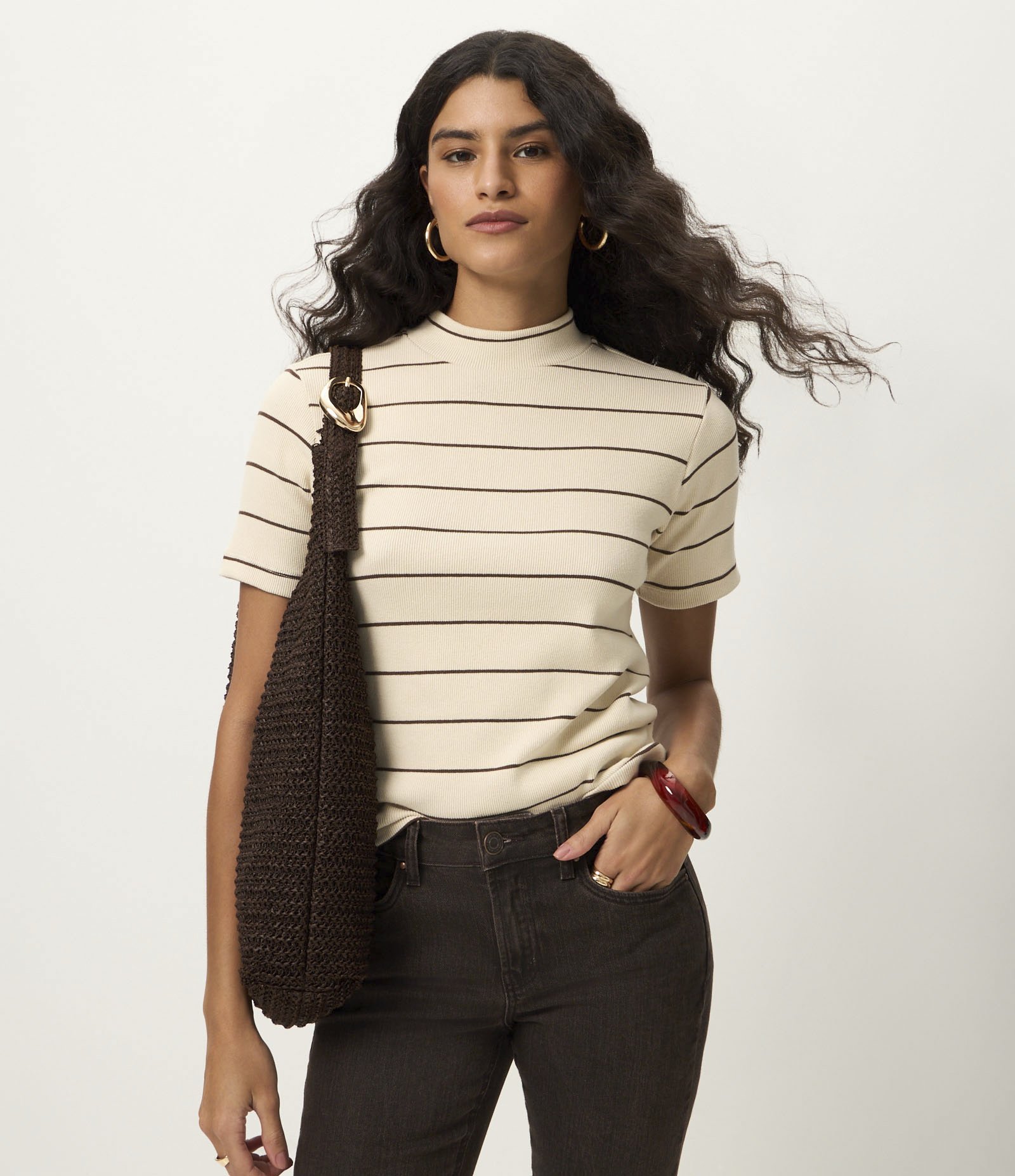 Blusa em Ribana com Golinha Média e Estampa Listrada Bege 1
